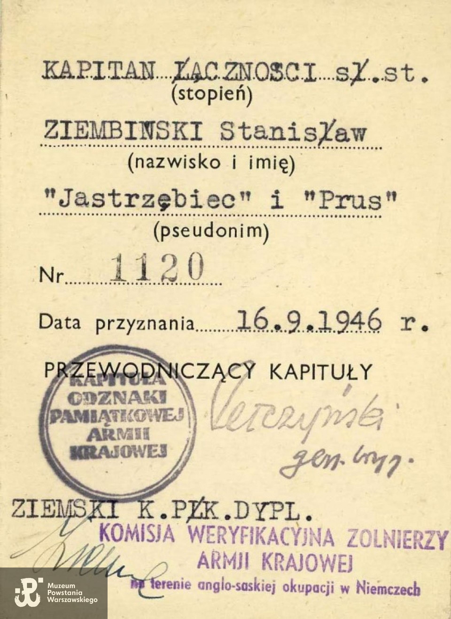 Legitymacja Odznaki Pamiątkowej Armii Krajowej