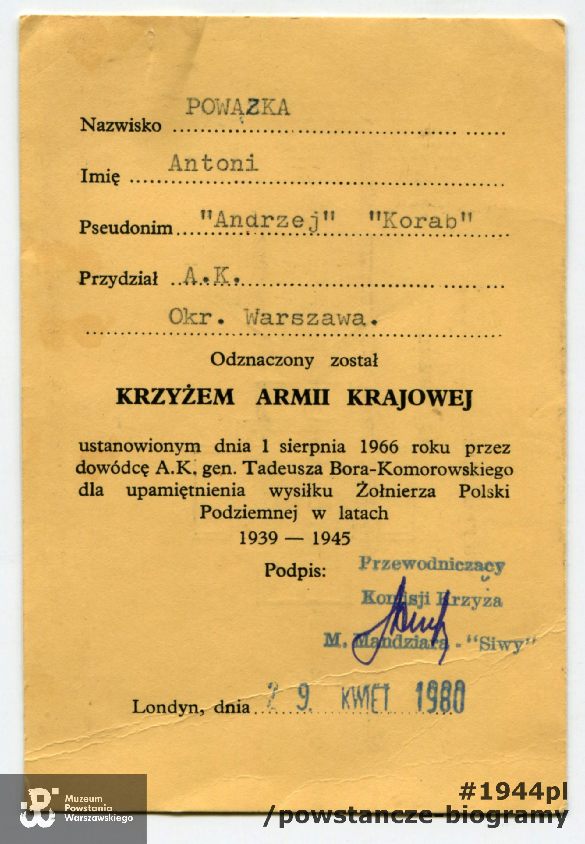 Legitymacja odznaczenia Krzyżem Armii Krajowej. Ze zbiorów rodzinnych