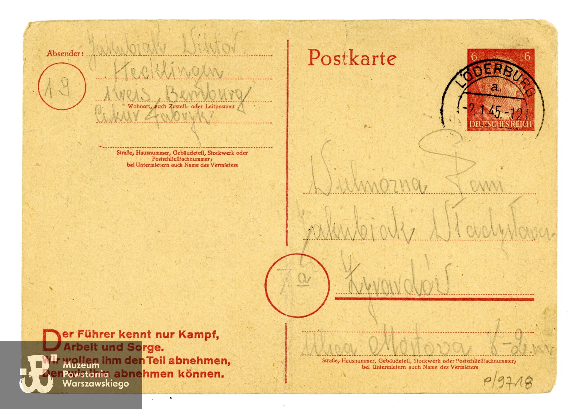 Korespondencja wysyłana z terenu Niemiec (1945) przez Wiktora Jakubiaka do żony Władysławy (8 kart pocztowych i 2 listy).  Ze zbiorów Muzeum Powstania Warszawskiego, sygn. P/9718, dar p. Mirosława Jakubiaka, syna Powstańca