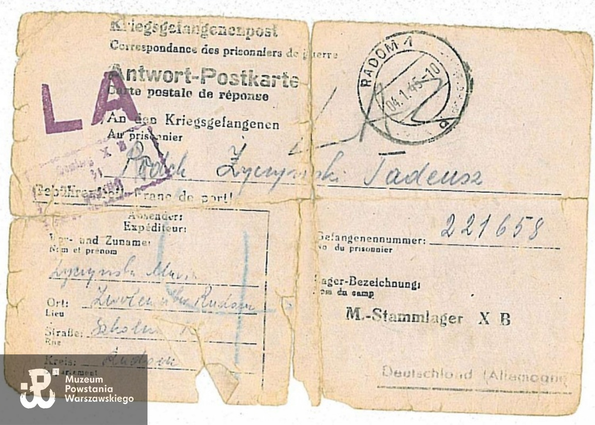 4.01.1945 r. - List do obozu jenieckiego Stalag X-B Sandbostel wysłany do Tadeusza Życzyńskiego przez jego siostrę Genowefę