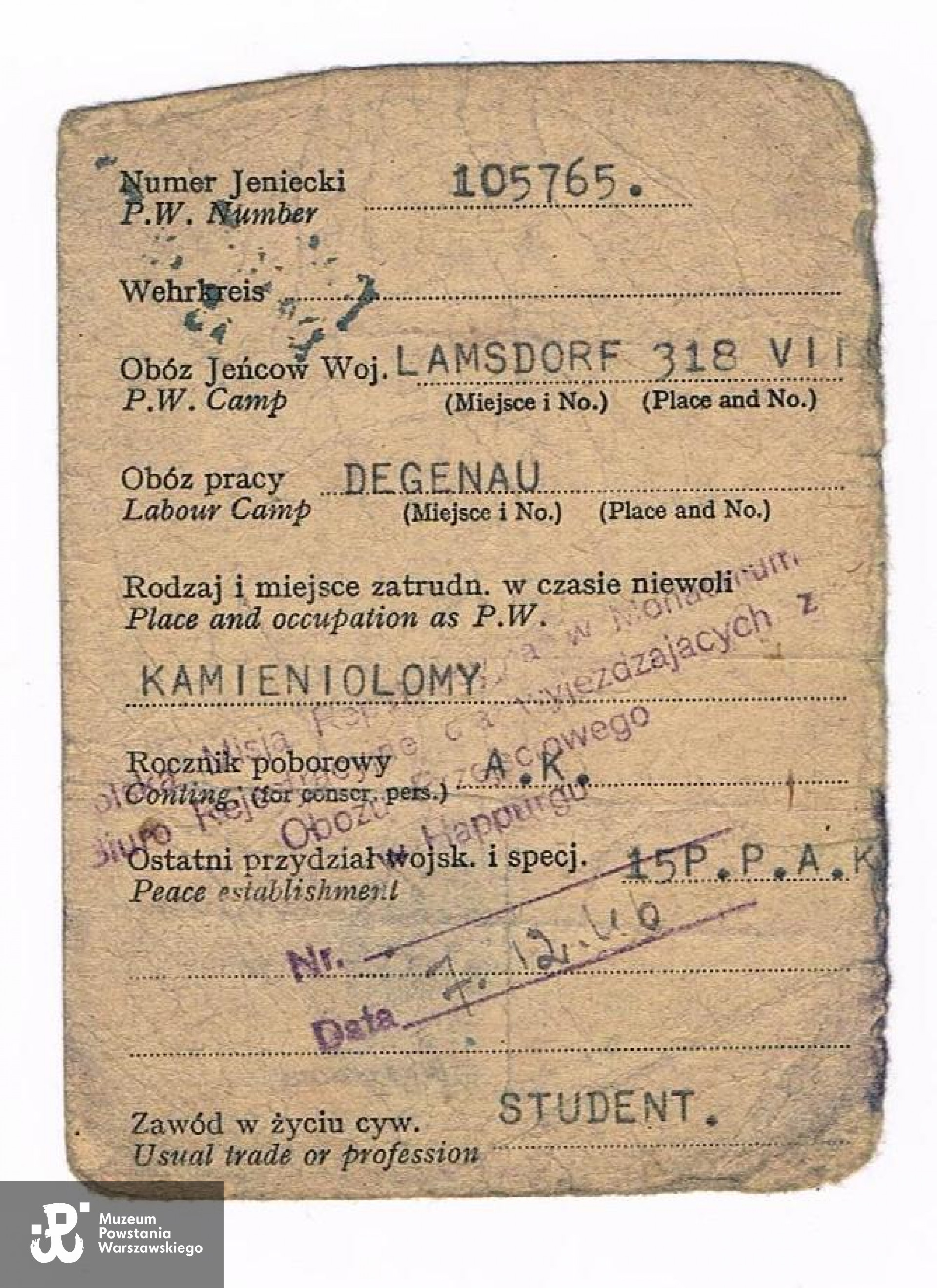 Wystawiona przez PSZ legitymacja byłego jeńca wojennego wystawiona. Z archiwum rodzinnego syna, p. Krzysztofa Kłosiewicza