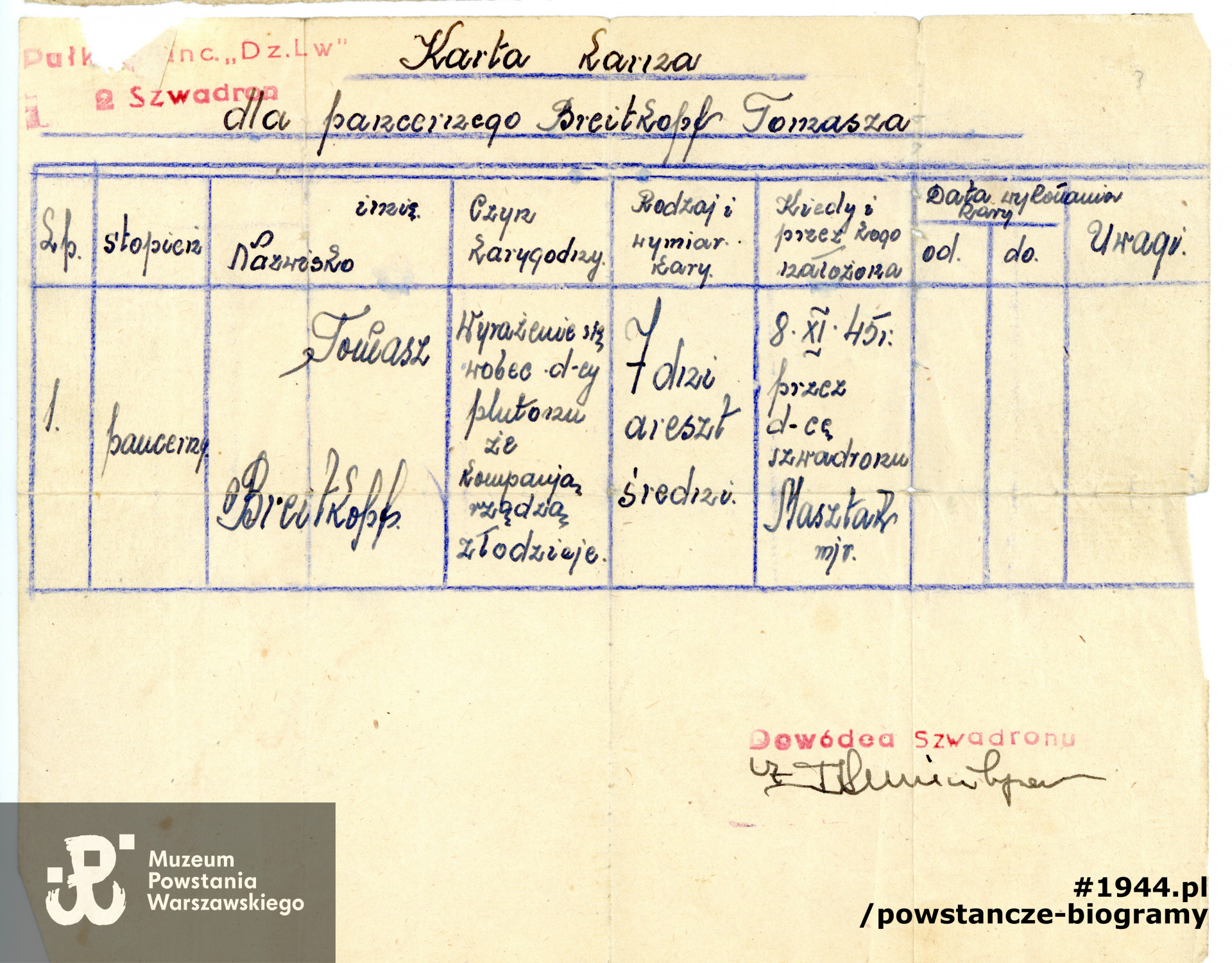  Karta karna wystawiona na nazwisko Tomasz Breitkopf przez dowódcę 2 szwadronu Pułku 6 Pancernego "Dzieci Lwowskich". Wpis w dokumencie: <i> Czyn karygodny: wyrażenie się wobec dowódcy plutonu, że kompanią rządzą złodzieje".</i> Ze zbiorów Muzeum Powstania Warszawskiego, sygn. P/8068