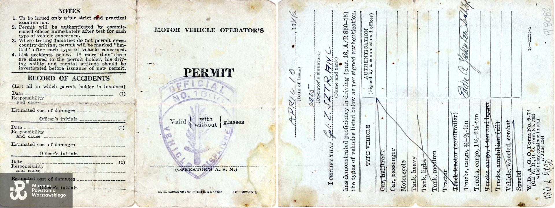 Amerykańskie Prawo Jazdy, upoważniające do prowadzenia samochodów ciężarowych, należące do Zdzisława Sztranca. Zbiory Muzeum Powstania Warszawskiego; sygn. MPW-A-9730.