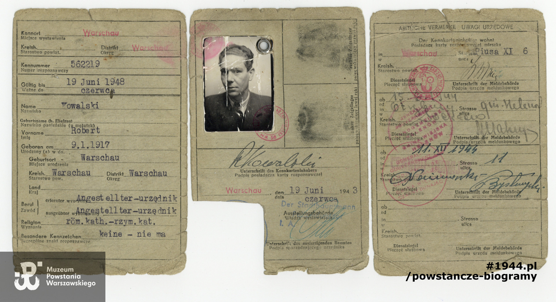 „Lewa” Kennkarta wystawiona na fałszywe nazwisko Robert Kowalski. Ze zbiorów Muzeum Powstania Warszawskiego, sygn. P/9191/19 - materiały  przekazane przez żonę, p. Zofię Seniów-Wiśniewską