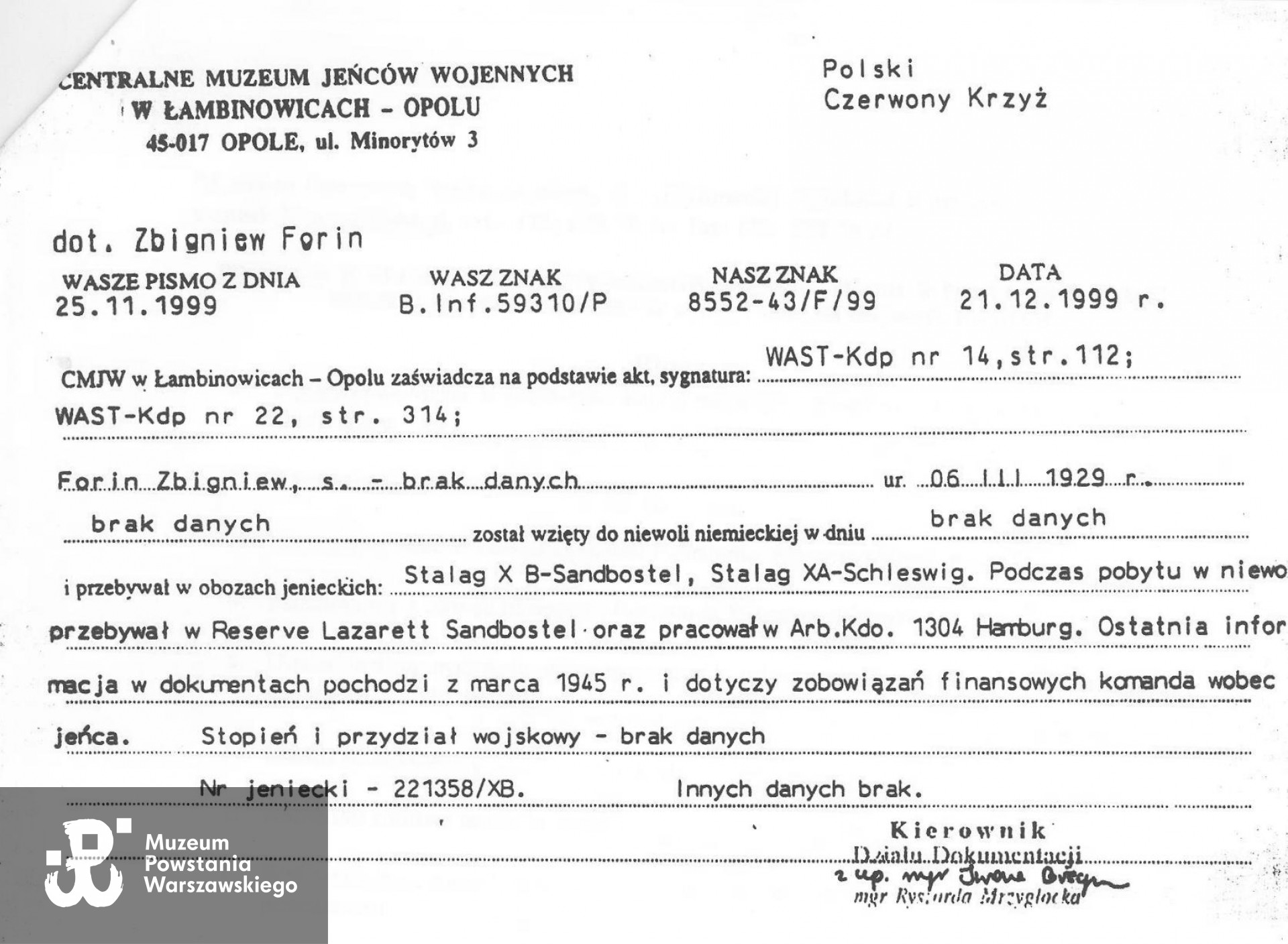 Pismo Centralnego Muzeum w Łambinowicach-Opolu. Skan: materiały do Słownika Uczestników PW - zasób Pokoju Kombatanta MPW