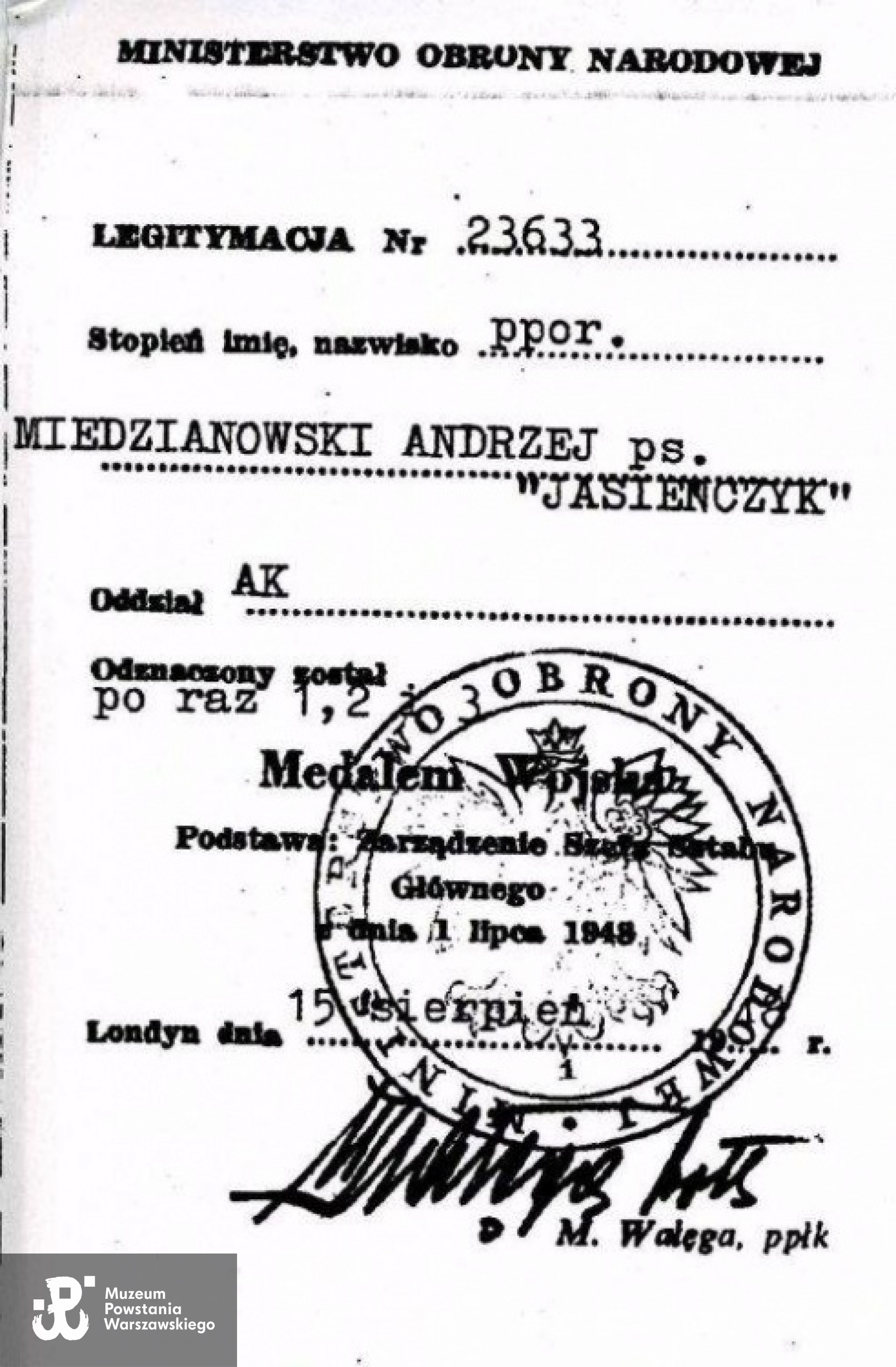 Legitymacja Medalu Wojska - Londyn 1948