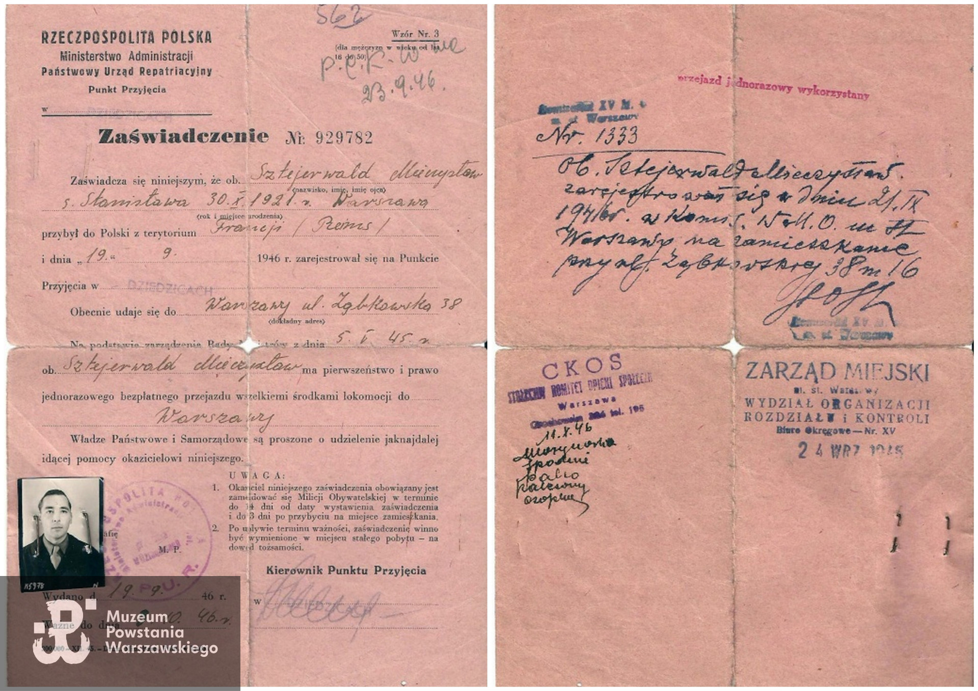 Zaświadczenie Państwowego Urzędu Repatriacyjnego rejestrującego powrót do kraju. 