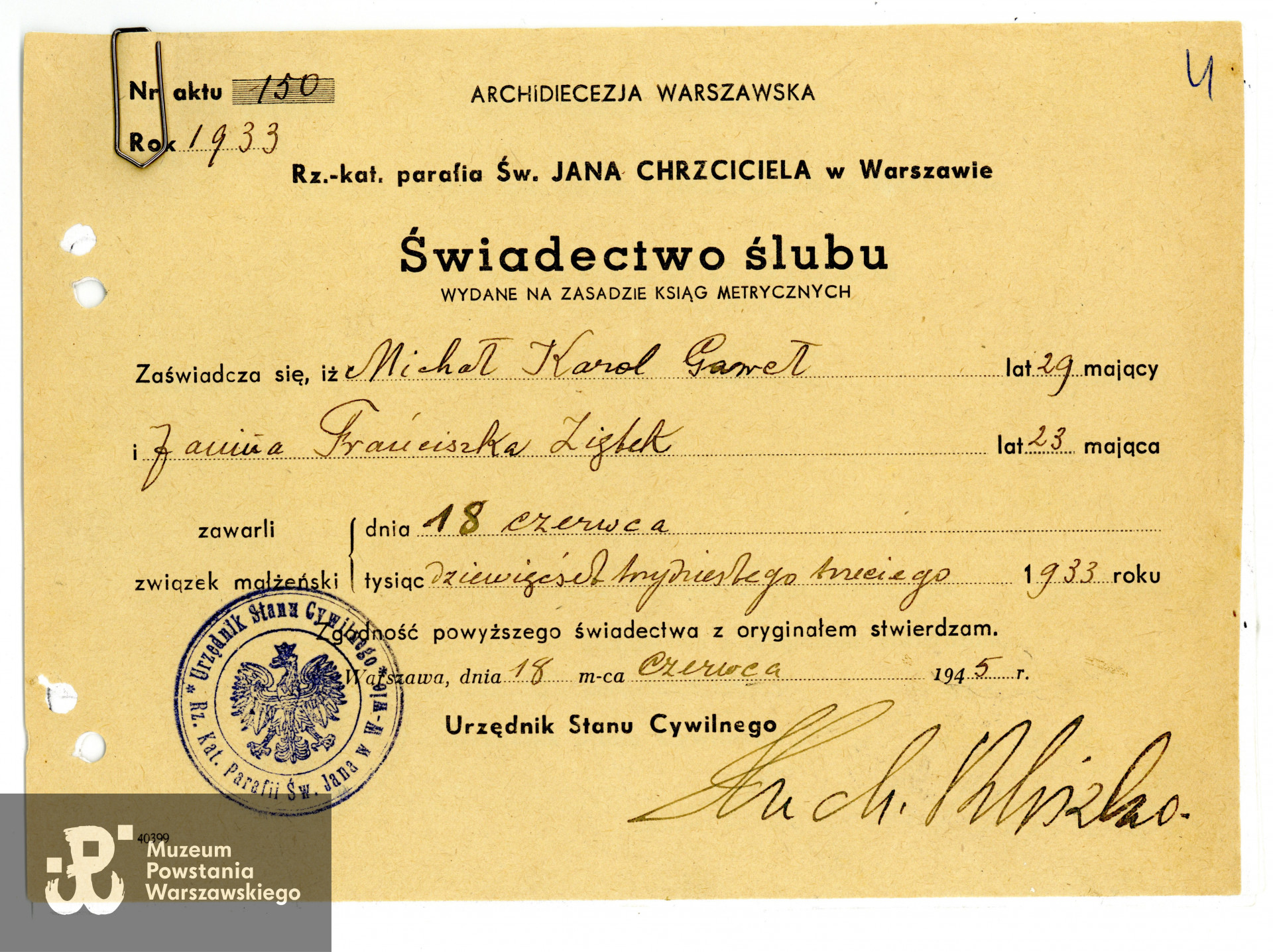 Świadectwo ślubu z Janiną Franciszką Ziętek, 18.06.1933 r. Archiwum rodzinne p. Adriana Gawerskiego
