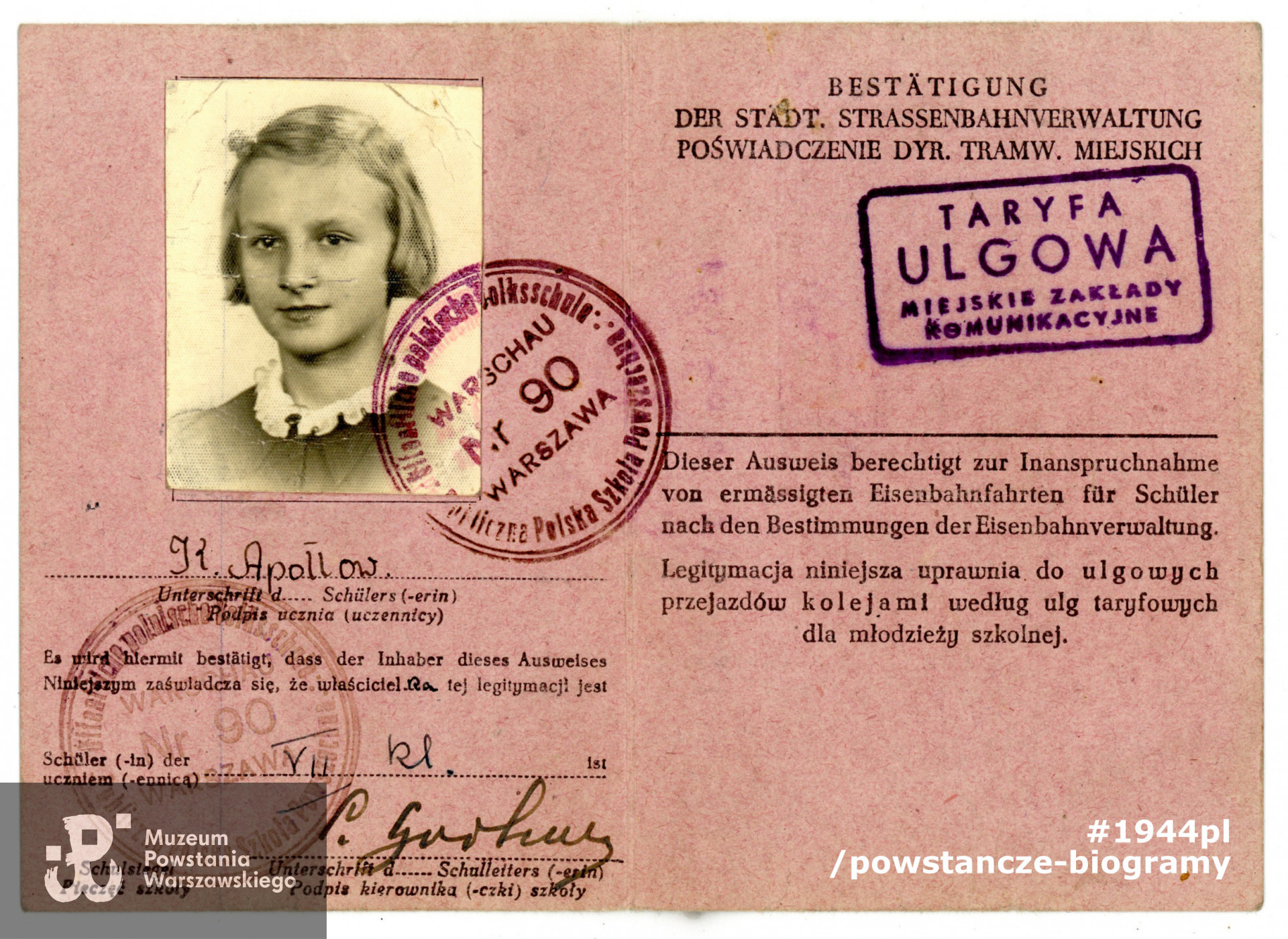  Należąca do Krystyny Apołłóny legitymacja szkolna (Schülerausweis) z okresu okupacji niemieckiej. Ze zbiorów rodzinnych p. Krystyny Krawieckiej.