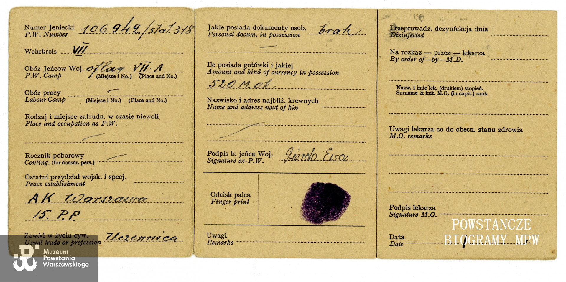 Legitymacja byłego jeńca wojennego wystawiona na nazwisko Ewa Gierdo. Ze zbiorów Muzeum Powstania Warszawskiego, sygn. P/8224