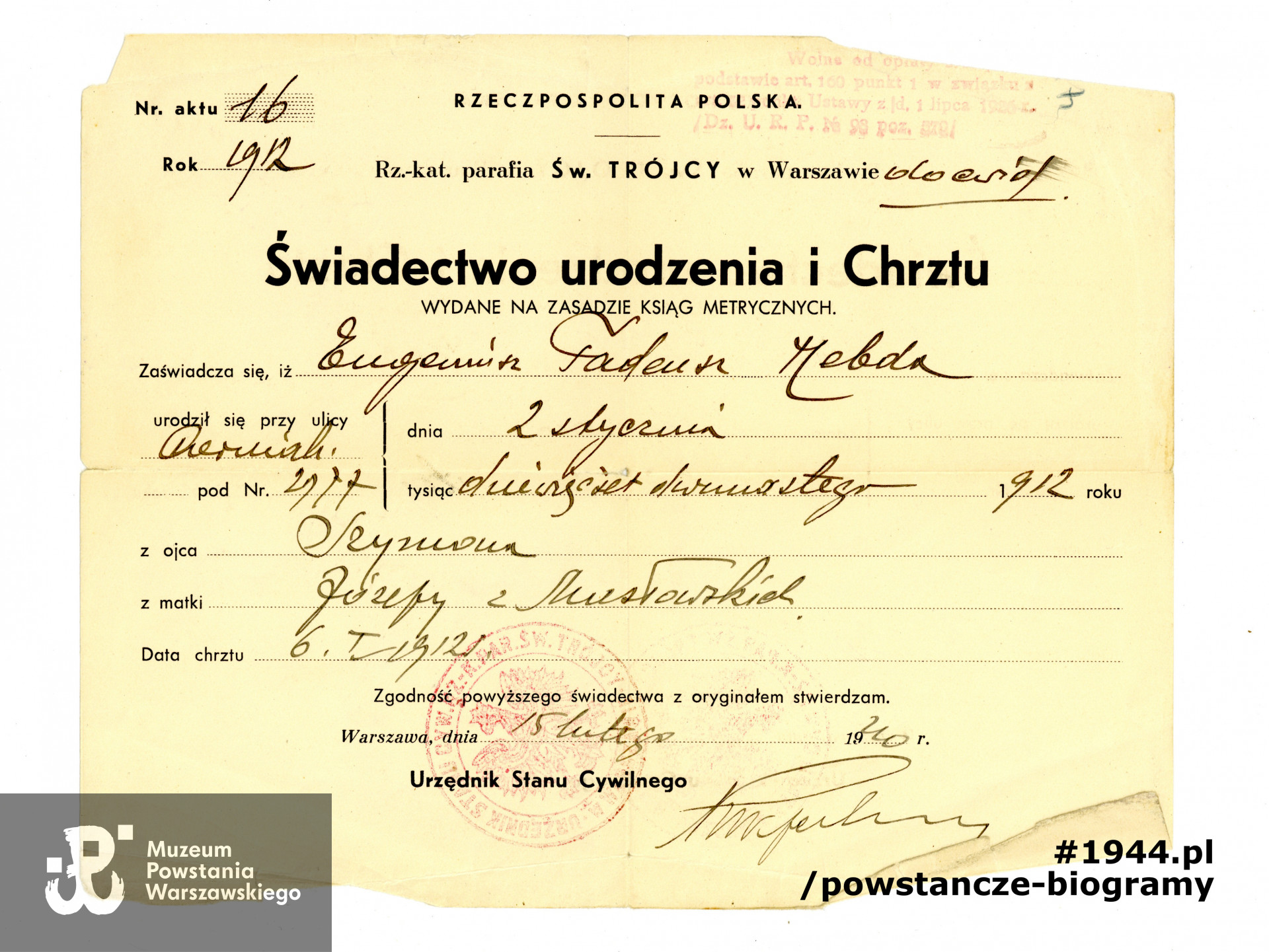 Świadectwo urodzenia Eugeniusza.  Ze zbiorów Muzeum Powstania Warszawskiego, sygn. P/7058