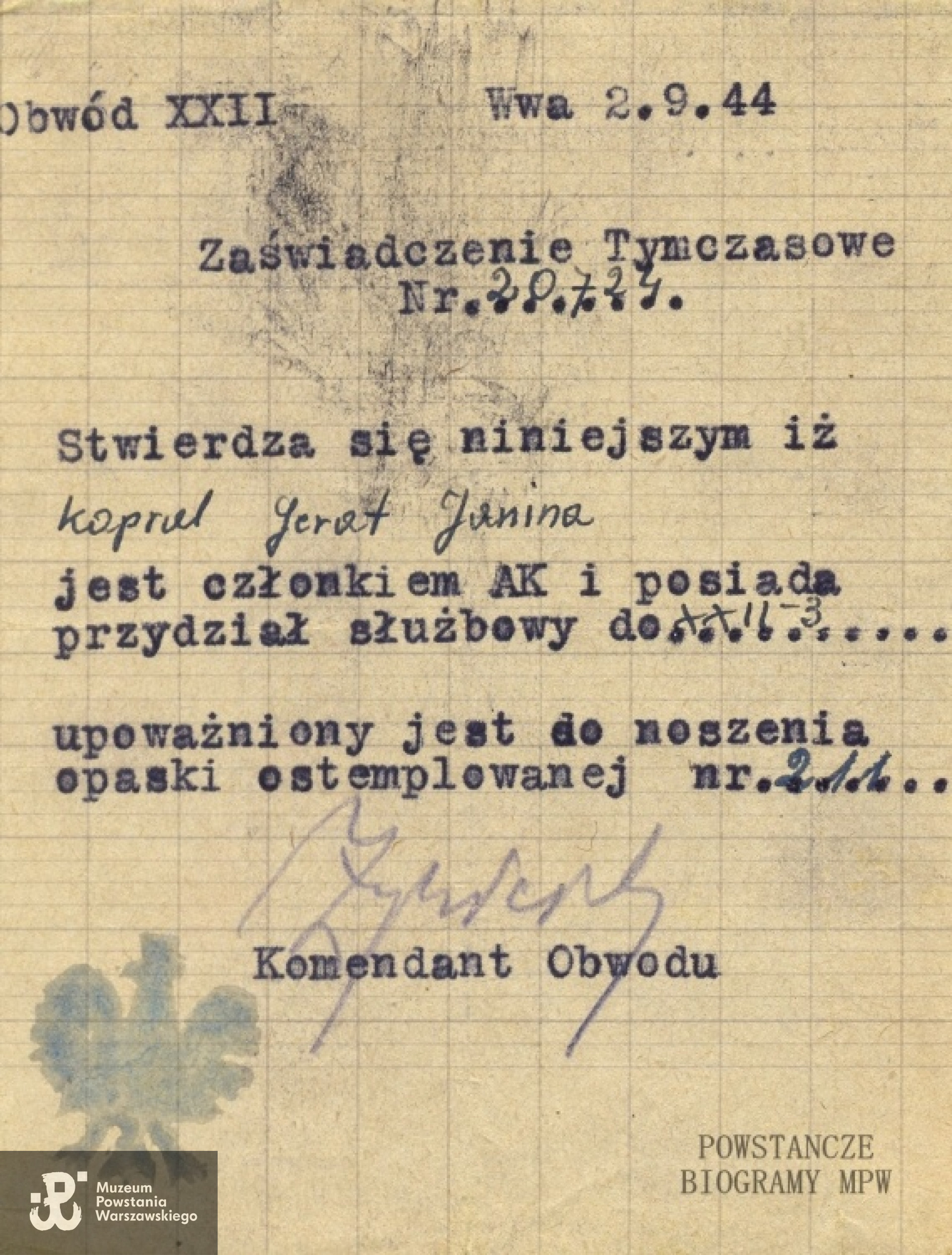 Zaświadczenie tymczasowe podpisane przez Komendanta Obwodu "Żywiciela". Fot. udostępnił p. Leszek Maryański