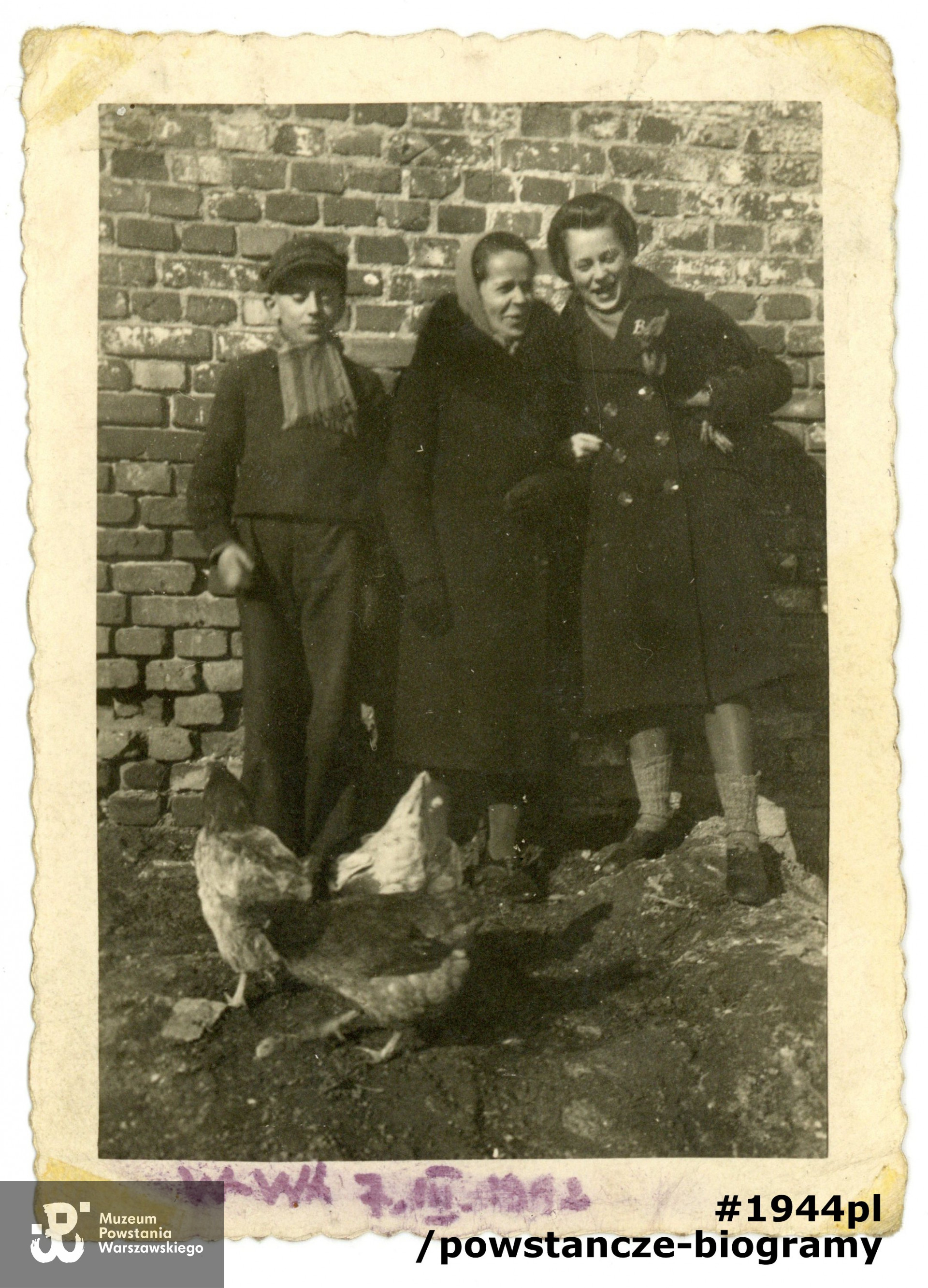Fotografia wykonana w okresie okupacji niemieckiej w miejscu zamieszkania rodziny Pietrzaków przy ul. Jagiellońskiej 31. Na rewersie napis: "Nasze kury, 7 III 1943". Widoczni od lewej: 13-letni brat Barbary - Wilhelm Pietrzak, matka Franciszka Pietrzak, pierwsza z prawej stoi Barbara. Fot. ze zbiorów prywatnych p. Barbary Wojtanowicz-Włodymirskiej  ps. Ela 