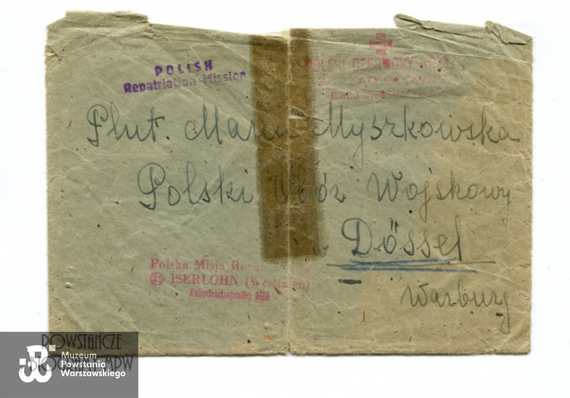 Koperta zaadresowana do M. Myszkowskiej w Polskim Obozie Wojskowym w Dössel. Z archiwum rodzinnego Marii Bourquin - Rulskiej, obecnie w zbiorach MPW, sygn. P/8408