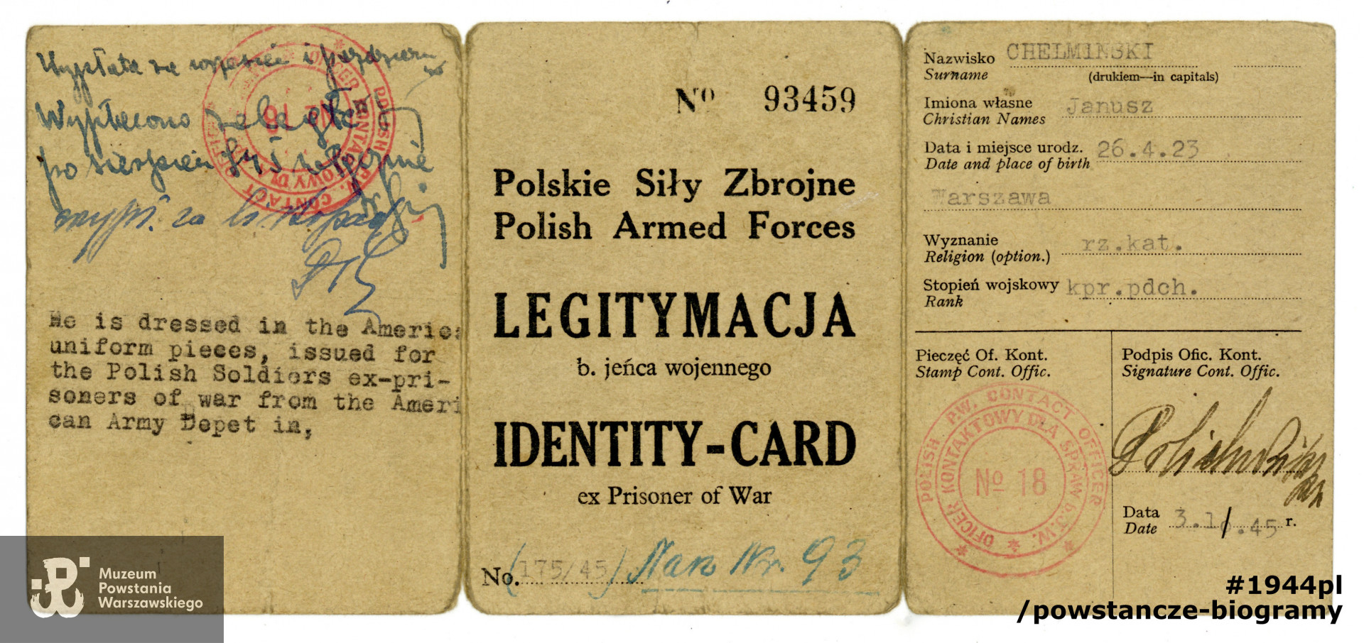 Należąca do kpr. pchor. Janusza Chełmińskiego, legitymacja byłego jeńca wojennego. Dokument ze zbiorów p. Piotra Chełmińskiego, syna Powstańca