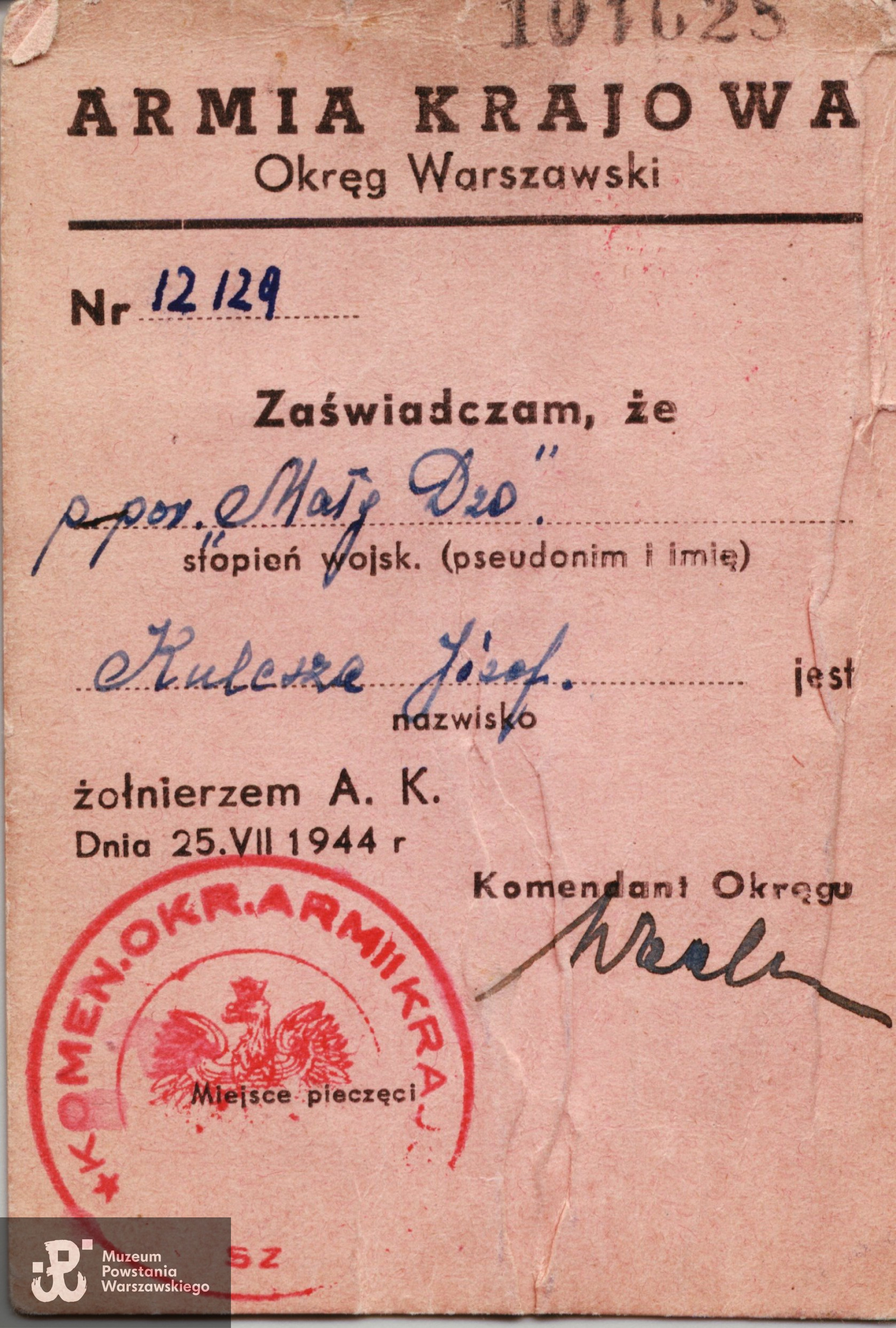 Ze zbiorów rodzinnych, skan udostępnił p. Piotr Kulesza, syn Powstańca