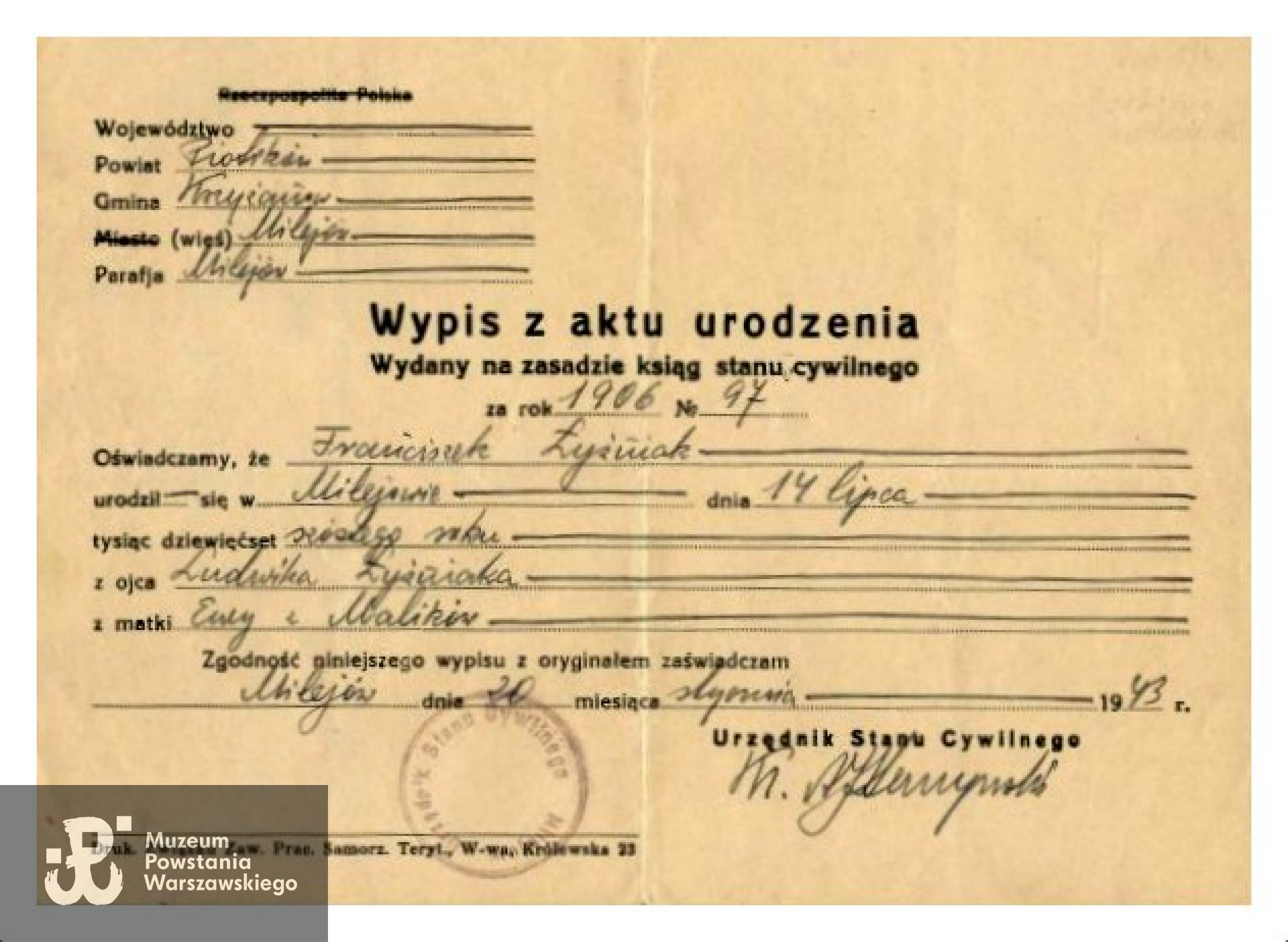 Fałszywe dokumenty z okresu okupacji niemieckiej wystawione na nazwisko konspiracyjne "Franciszek Łyżwiak". Fot. ze zbiorów SPPW 1944