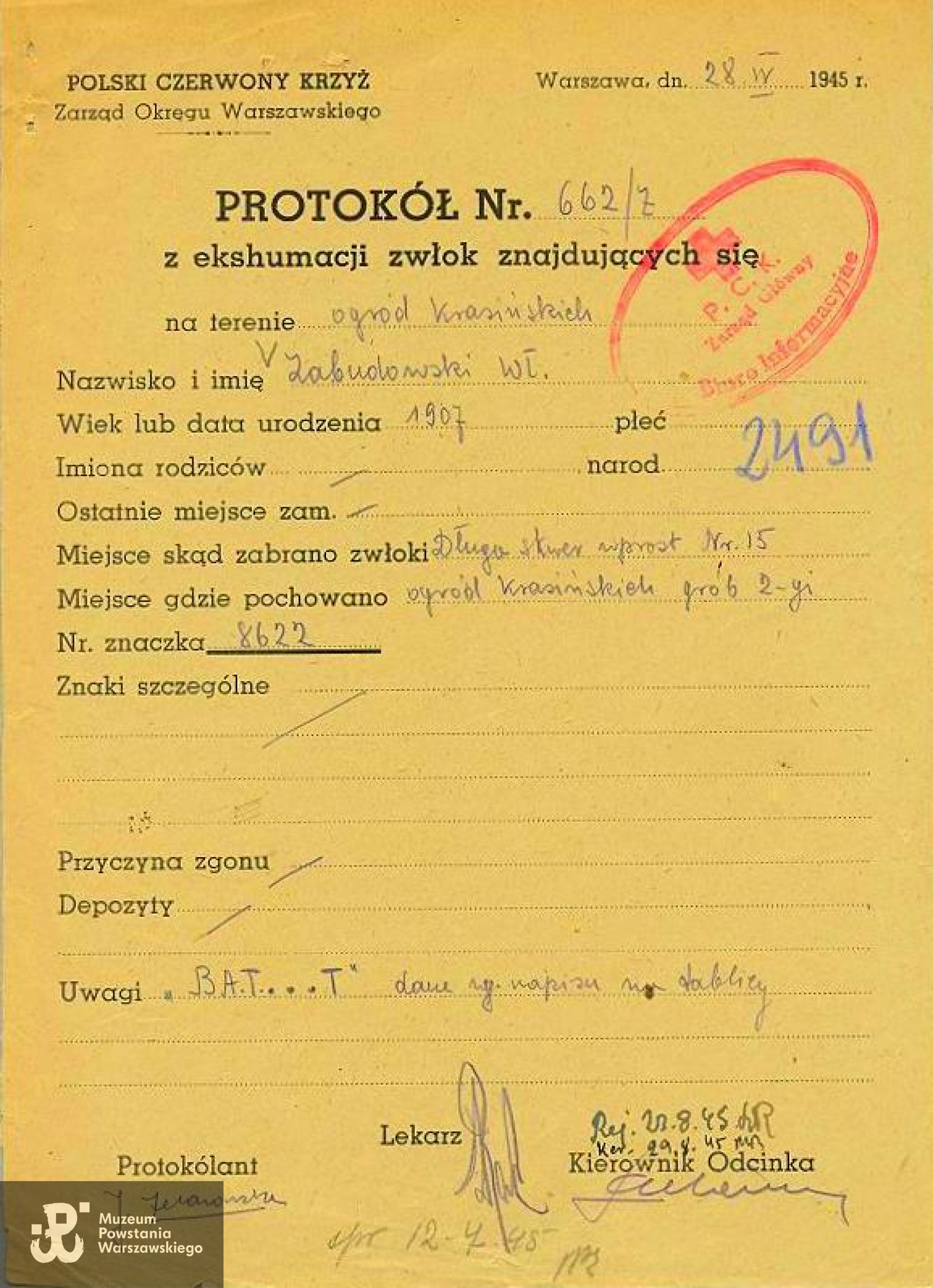 Protokół ekshumacyjny Polskiego Czerwonego Krzyża z dnia 28 IV 1945 r. 