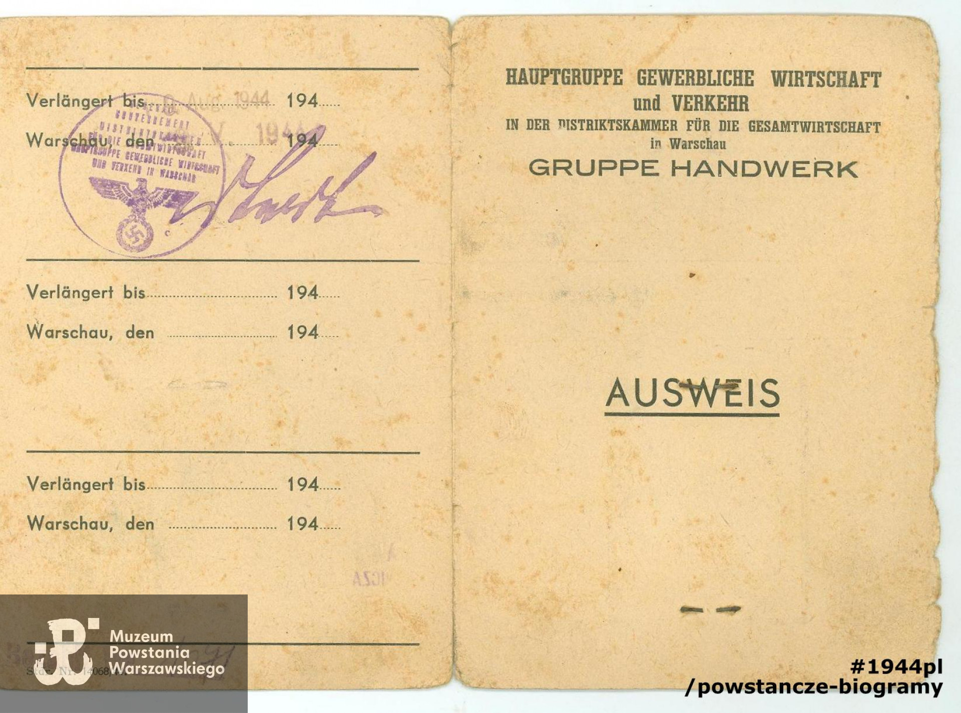 Ausweis. Ze zbiorów rodzinnych. Skan: materiały do Słownika Uczestników PW/Pokój Kombatanta