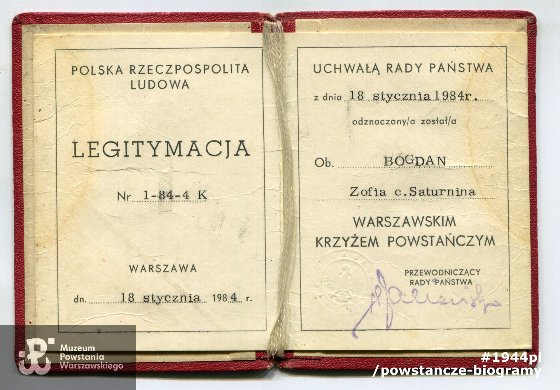 Legitymacja odznaczeniowa - Warszawski Krzyż Powstańczy