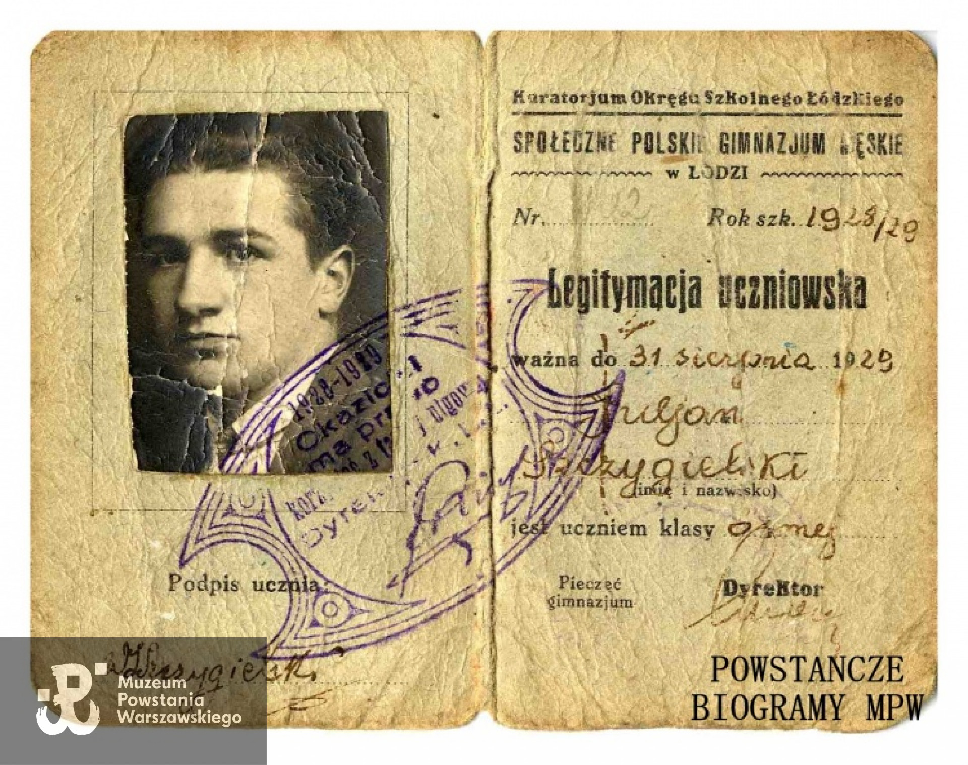 Legitymacja uczniowska  Społecznego Polskiego Gimnazjum Męskiego w Łodzi. Ze zbiorów Muzeum Powstania Warszawskiego, sygn. P/5450