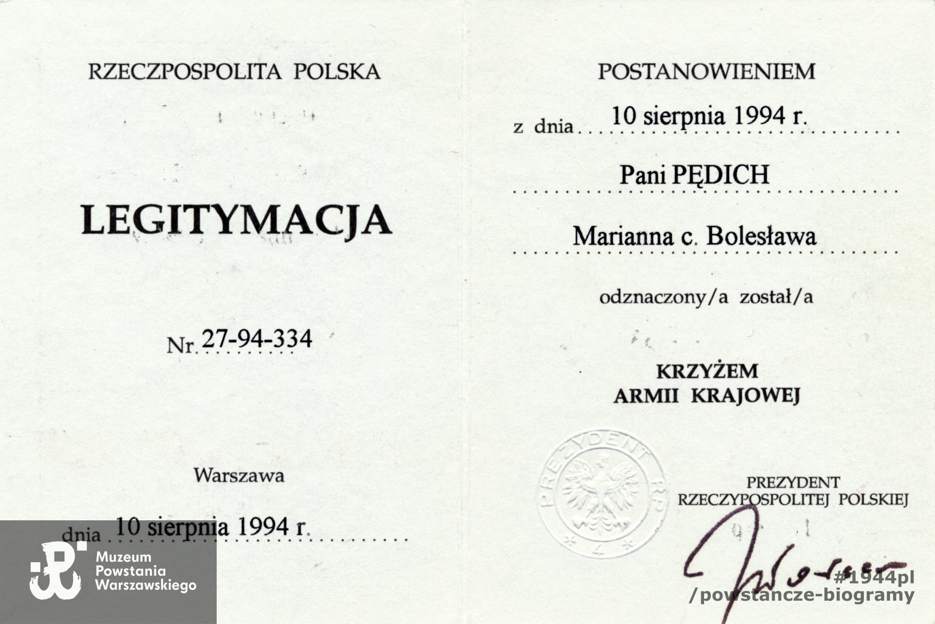 Dokument ze zbiorów rodzinnych p. Marianny Pędich z d. Zdunek