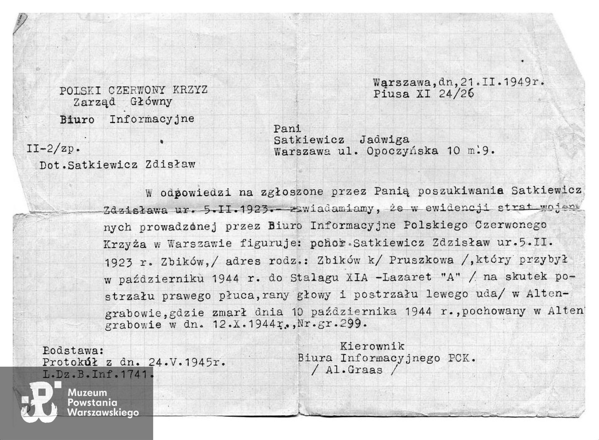 Pismo z Biura Informacyjnego Polskiego Czerwonego Krzyża do matki Powstańca, Jadwigi Satkiewiczowej, informujące o okolicznościach śmierci i miejscu pochowania Zdzisława przy obozie jenieckim Altengrabow (Stalag XI A). Pismo z dnia 21 lutego 1949. Ze zbiorów rodzinnych p. Andrzeja Kwasta, skan udostępnił p. Maciej Białecki.