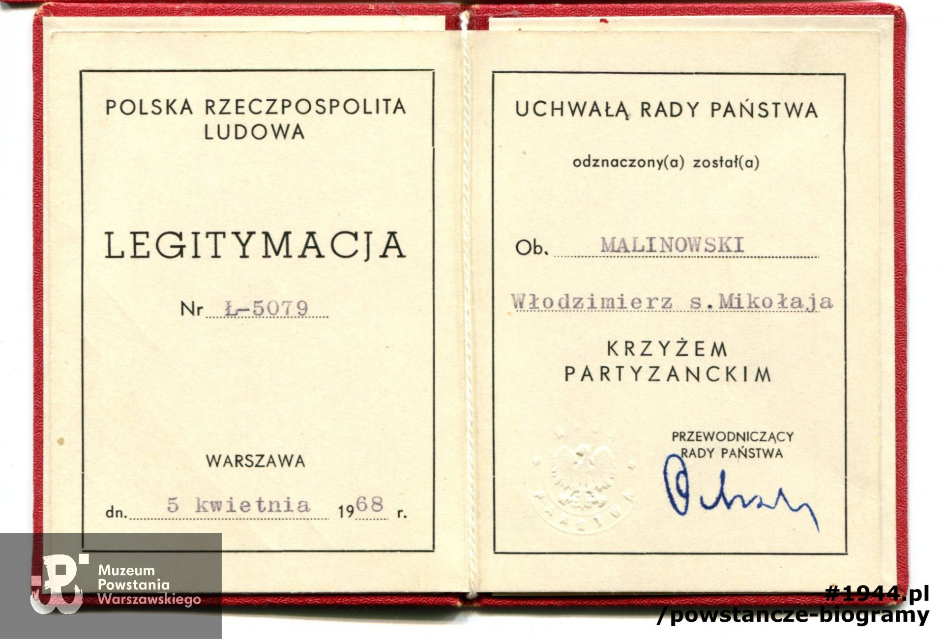 Legitymacja odznaczenia Krzyżem Partyzanckim. Archiwum rodzinne