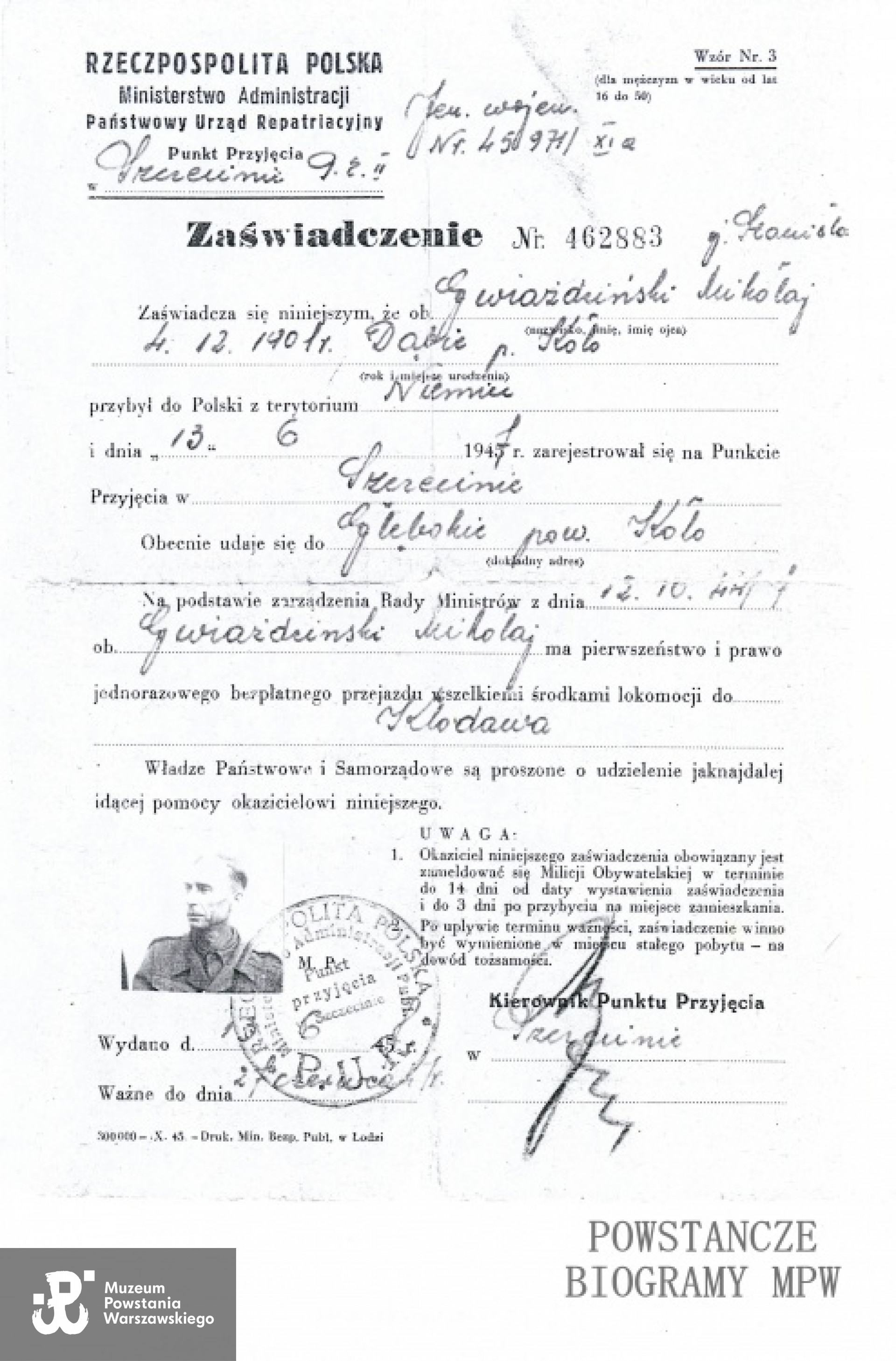 Zaświadczenie repatriacyjne. Z archiwum rodzinnego Bernarda Gwiaździńskiego