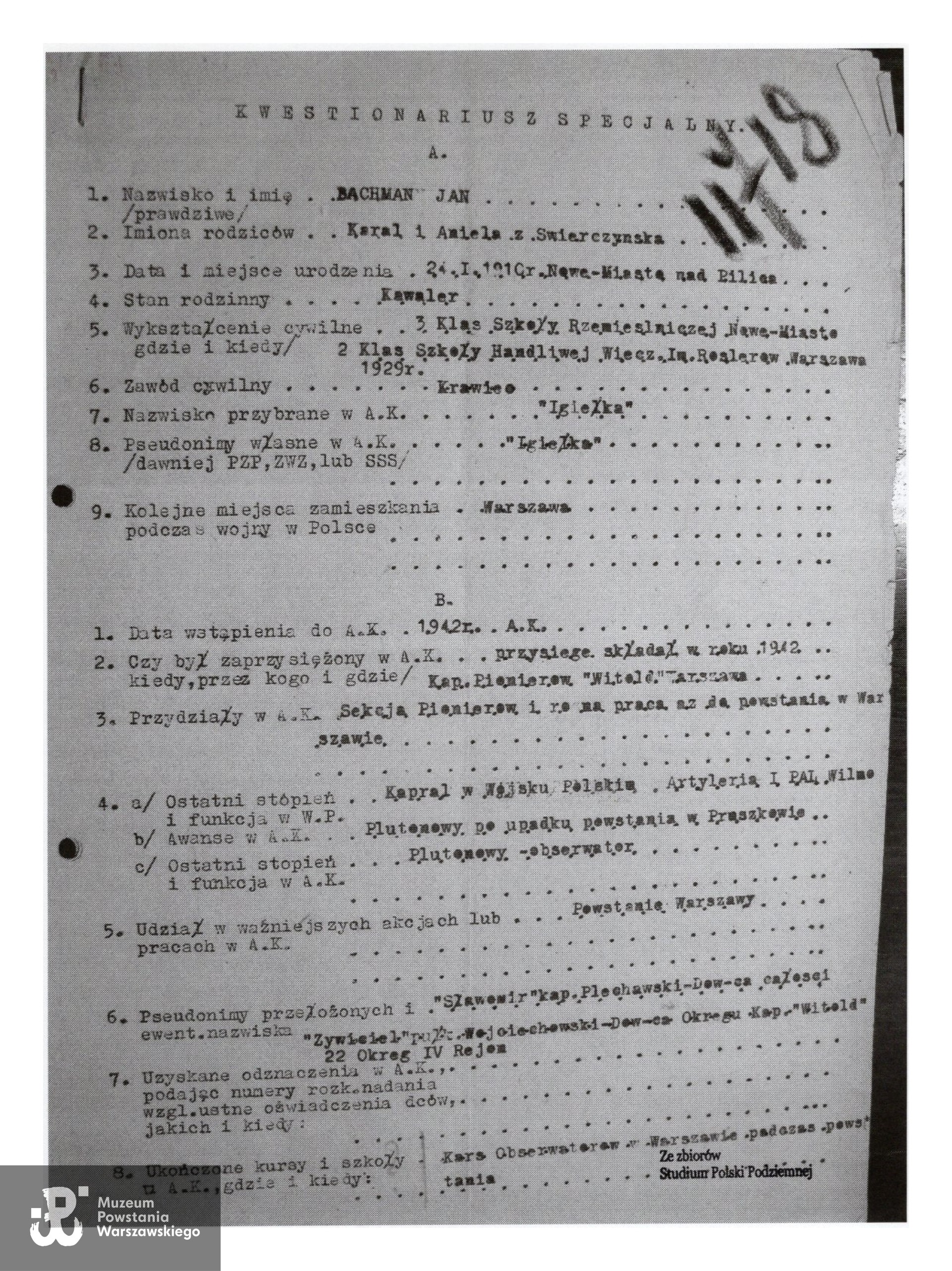 Studium Polski Podziemnej - kwestionariusz specjalny