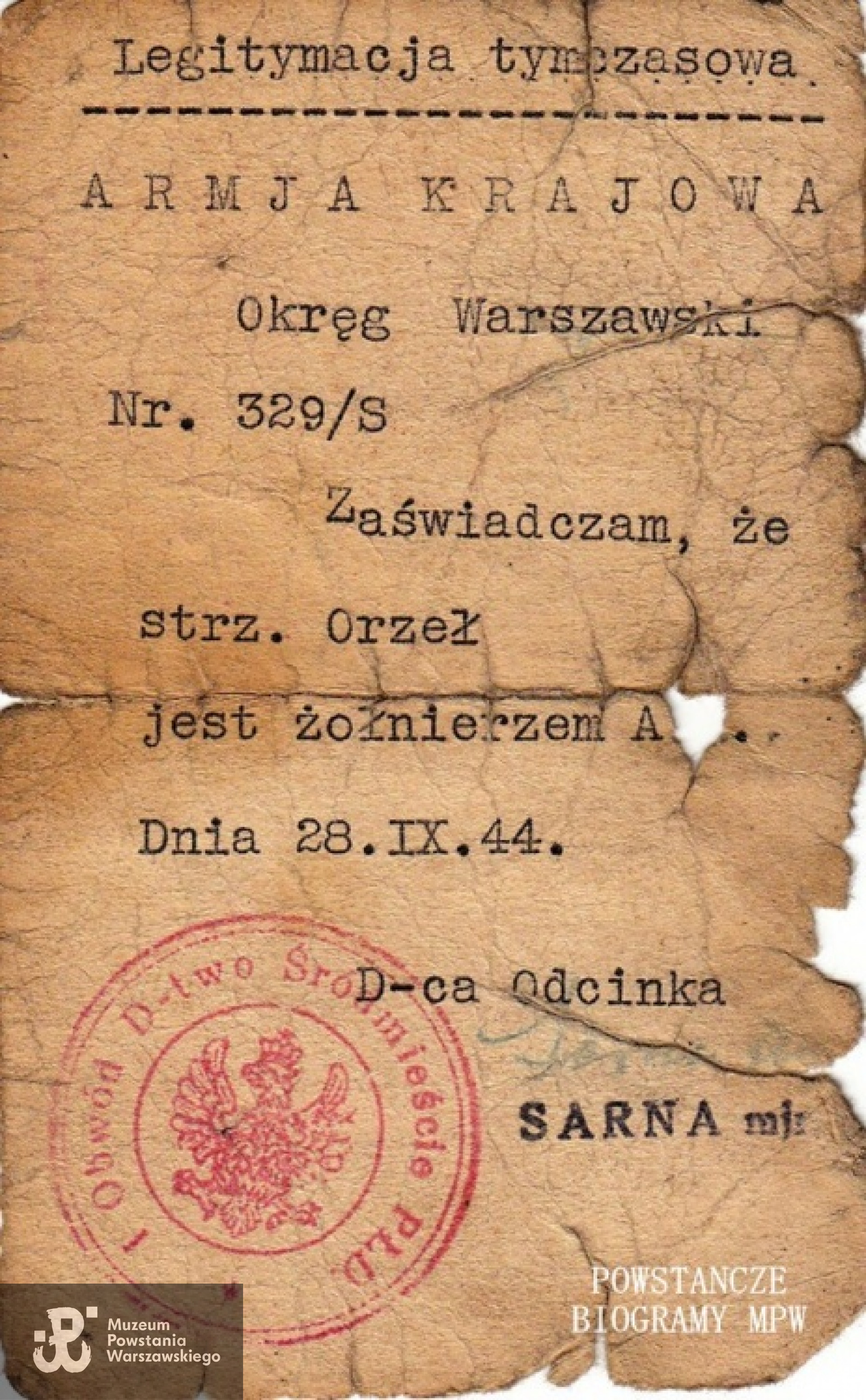 Legitymacja AK Janusza Bogusza. Z archiwum rodzinnego córek.