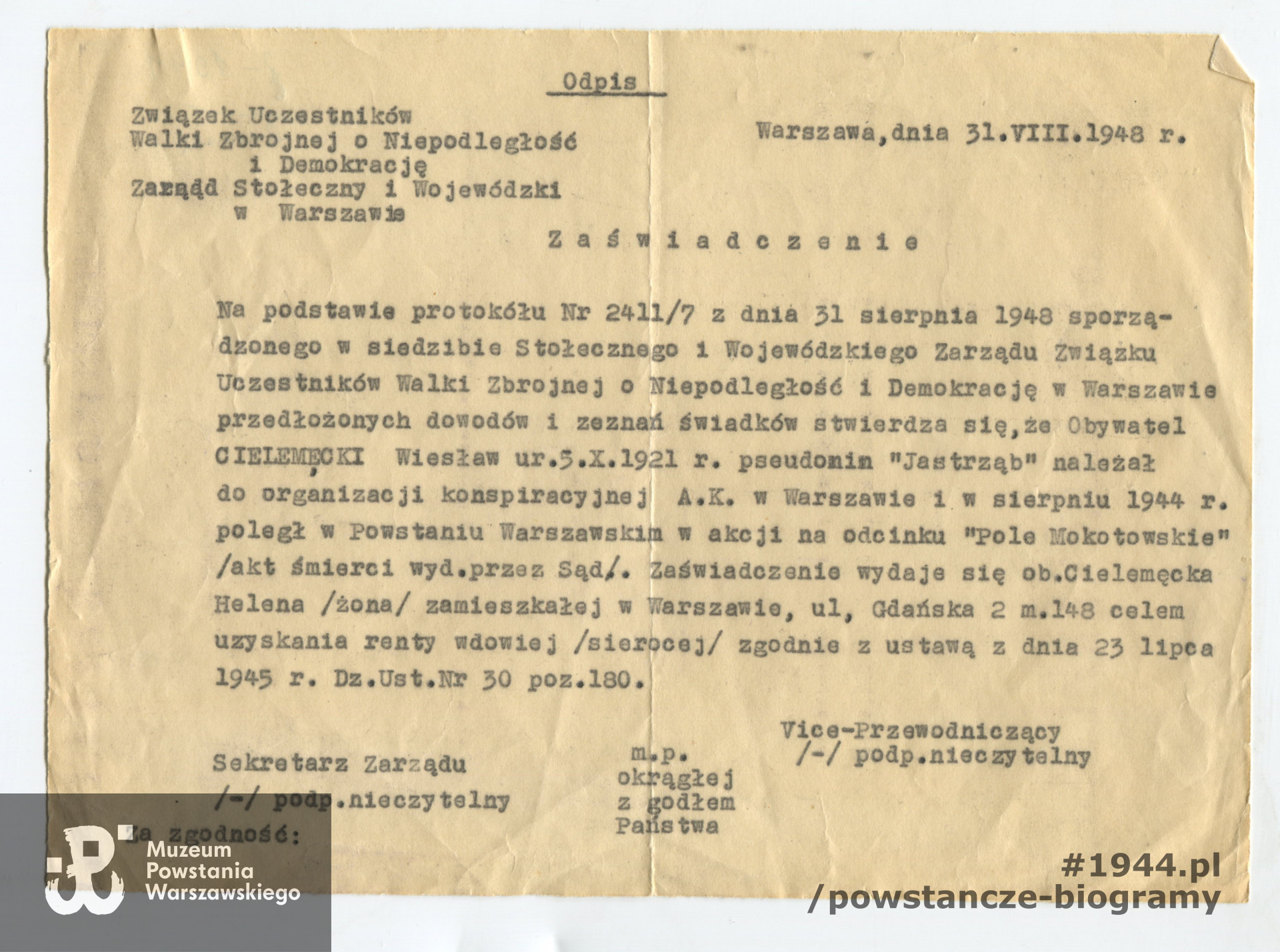 Dokument z archiwum rodzinnego Elżbiety Podbielskiej z d. Cielemęckiej