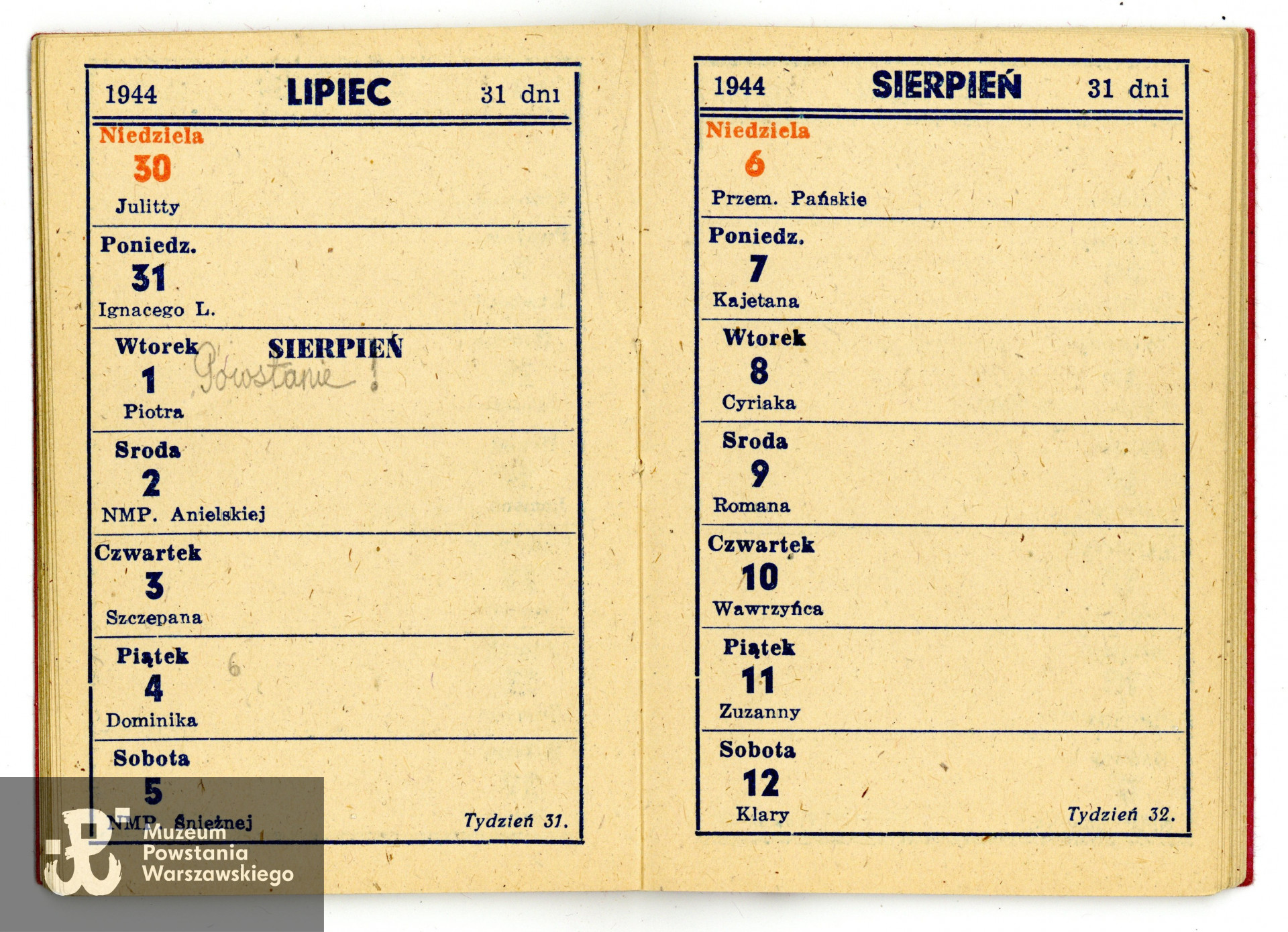 Kalendarzyk na 1944 rok, należący do Tadeusza Gaertiga. Ze zbiorów Muzeum Powstania Warszawskiego, MPW-A/9473 (P/7891),  dar p. Małgorzaty Gaertig-Barr, córki Powstańca
