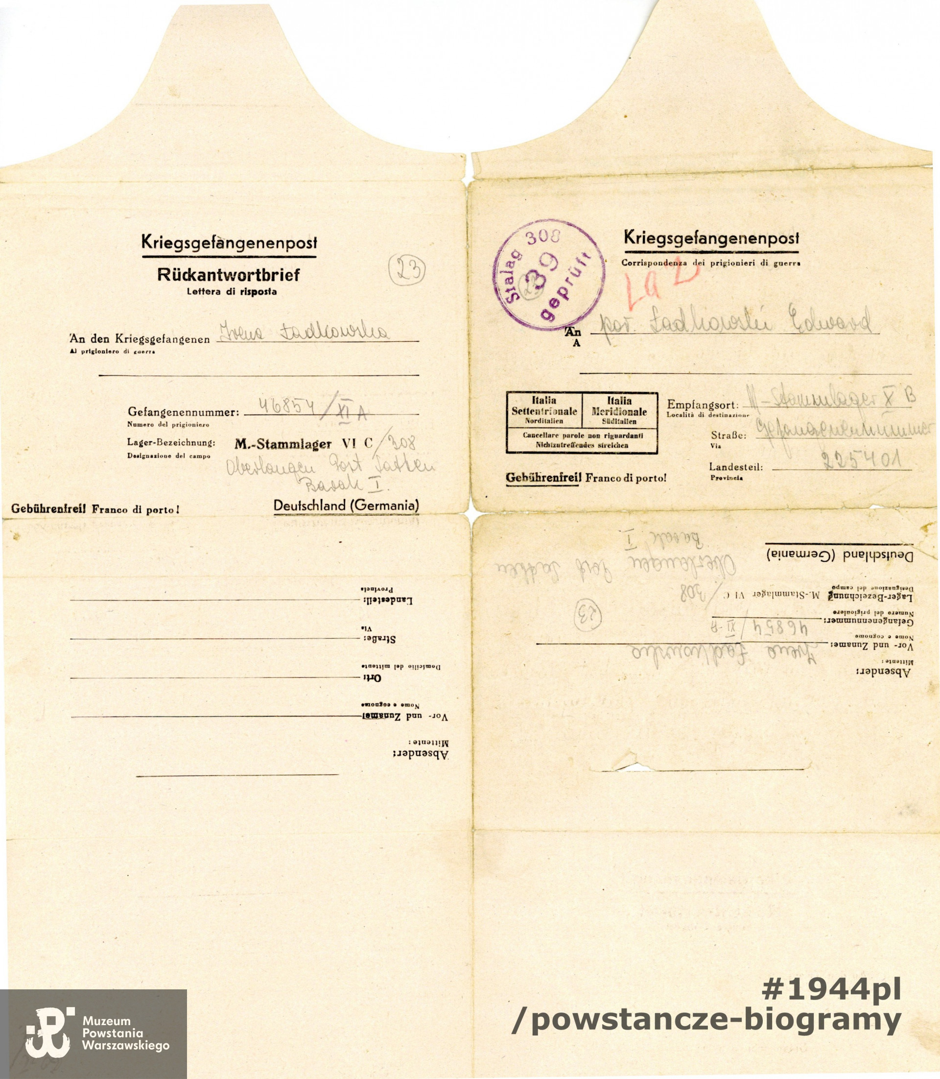 Listy obozowe  Ireny do por. por. Edwarda Ładkowskiego "Kulawego". Ze zbiorów Muzeum Powstania Warszawskiego