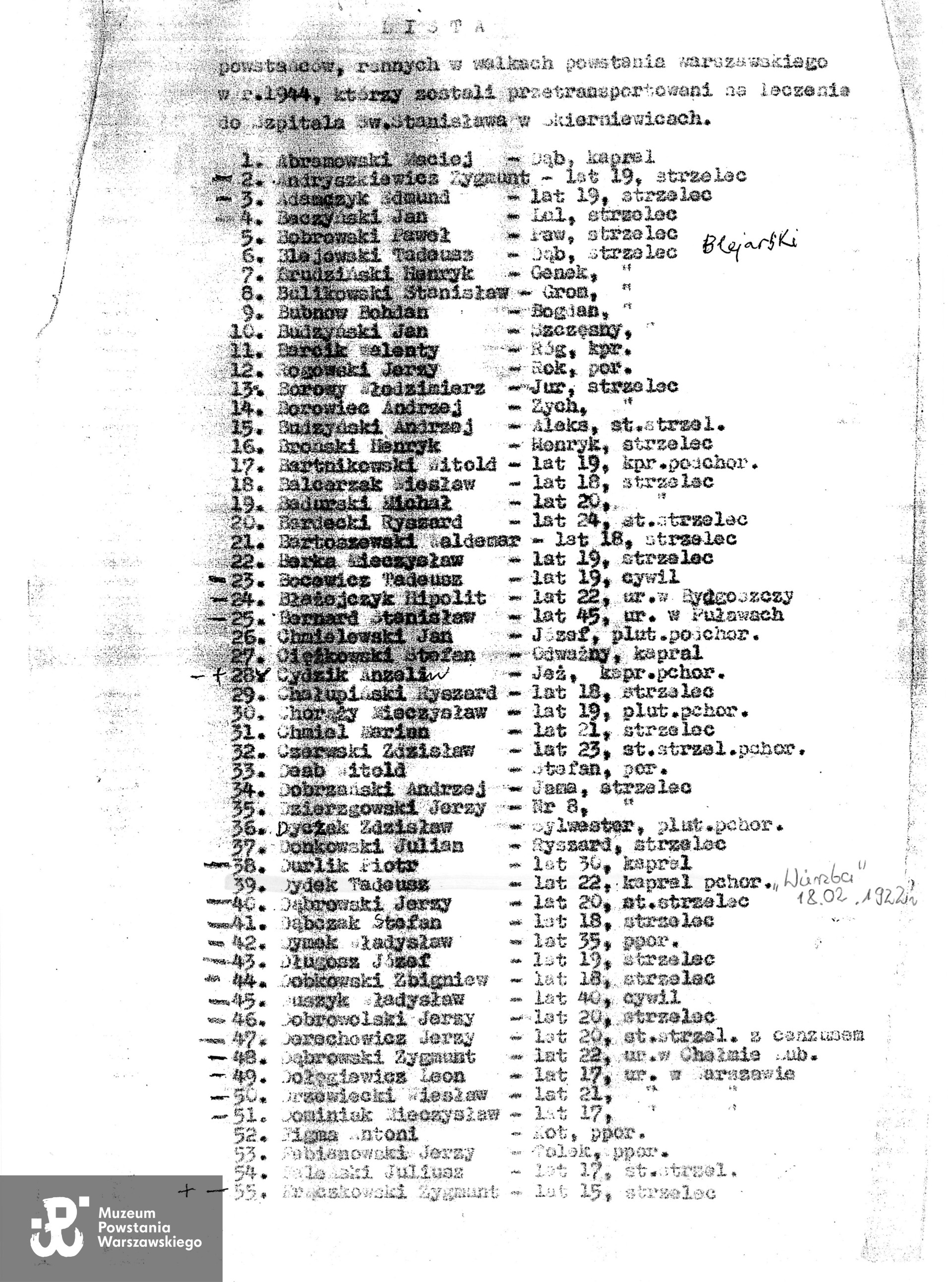 Muzeum Powstania Warszawskiego, Teczki personalne uczestników Powstania Warszawskiego,  Lista rannych Powstańców przebywających na leczeniu w szpitalu św. Stanisława w Skierniewicach