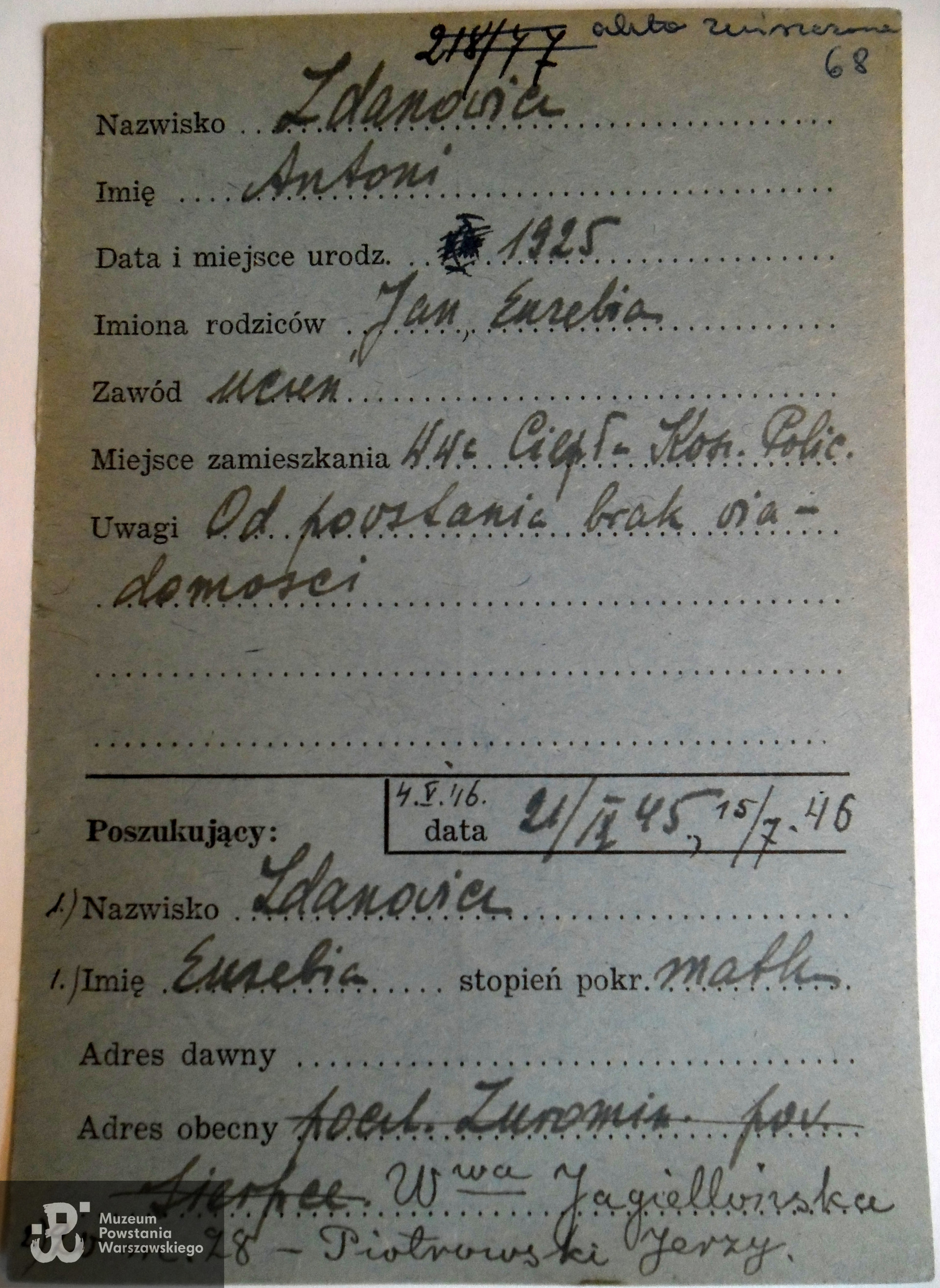 Kartoteka ogólna PCK - ślad powojennych poszukiwań syna przez matkę, Euzebię Zdanowicz. Ze zbiorów Biura Informacji i Poszukiwań Polskiego Czerwonego Krzyża