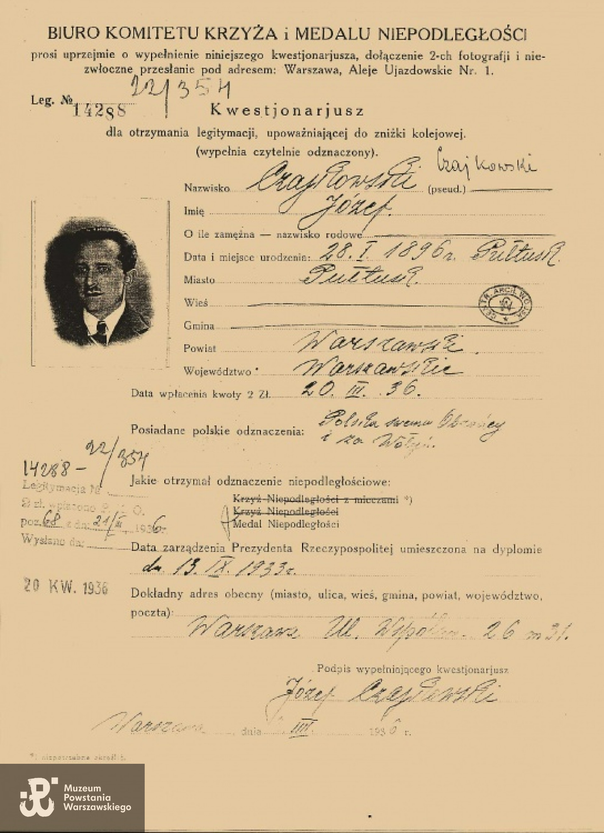 Kwestionariusz Komitetu Medalu i Krzyża Niepodległości - Warszawa, 20.04.1936 r.