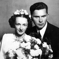 Irena Sabina Kucharska i Zenon Feliks Olszewski.  Zdjęcie ślubne datowane na 1949/1950. Archiwum rodzinne