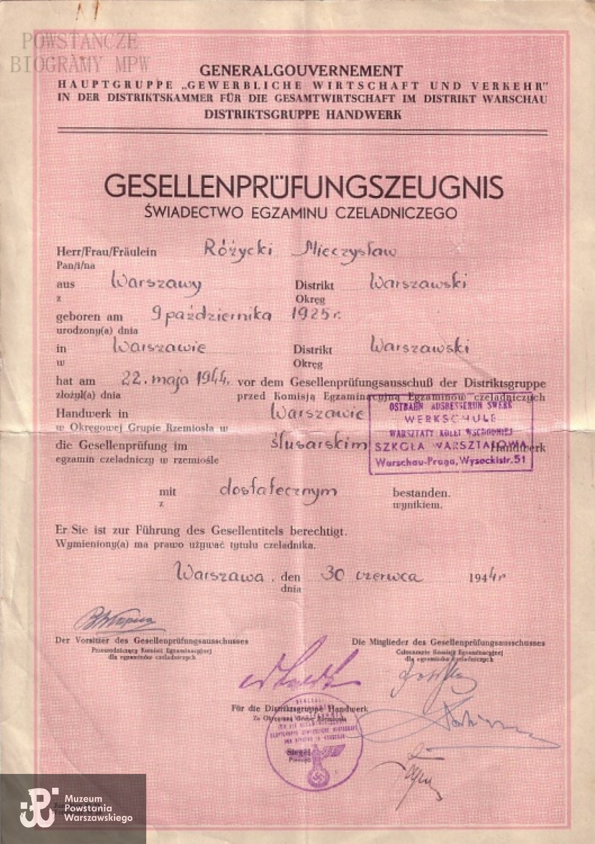 Świadectwo egzaminu czeladniczego. Z archiwum rodzinnego Jacka Szulskiego