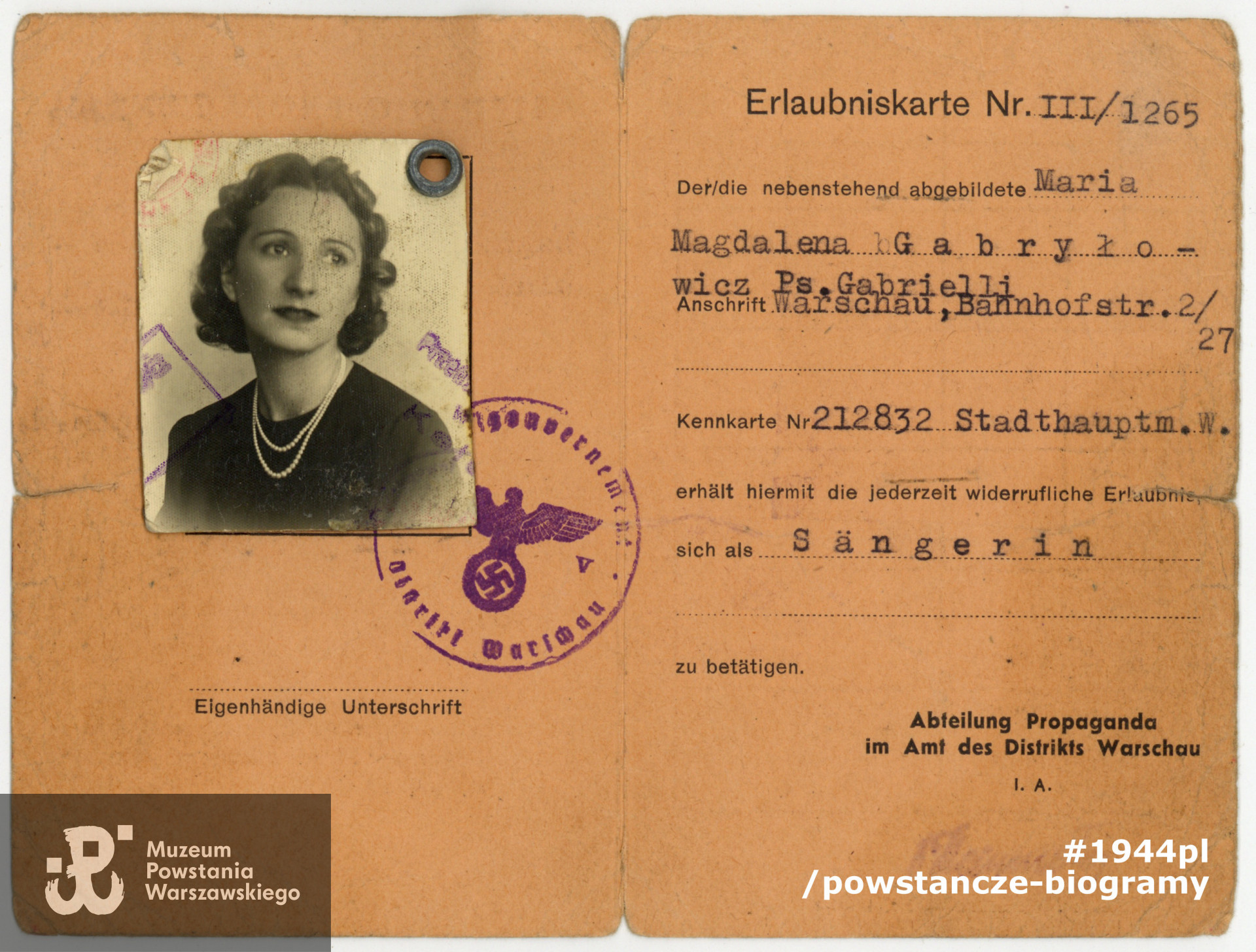 Erlaubniskarte – legitymacja wydawana przez okupanta śpiewakom, muzykom, księgarzom, fotografom itp. Dokument ze zbiorów rodzinnych  p. Magdaleny Gabryłowicz