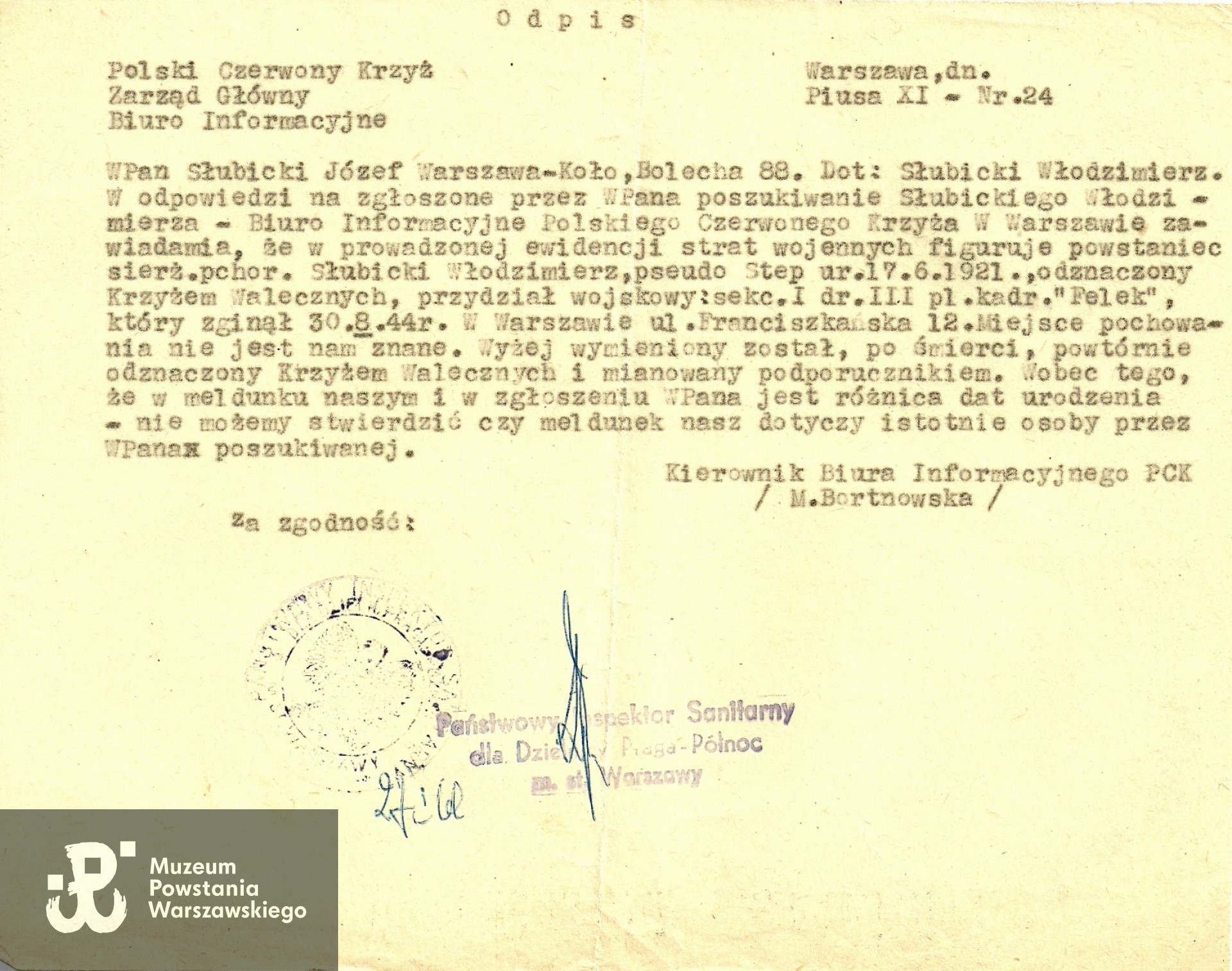 Zaświadczenie Polskiego Czerwonego Krzyża - pismo skierowane do ojca "Stepa" - Józefa Słubickiego. Ze zbiorów rodzinnych, skan nadesłał p. Bogdan Horodyski