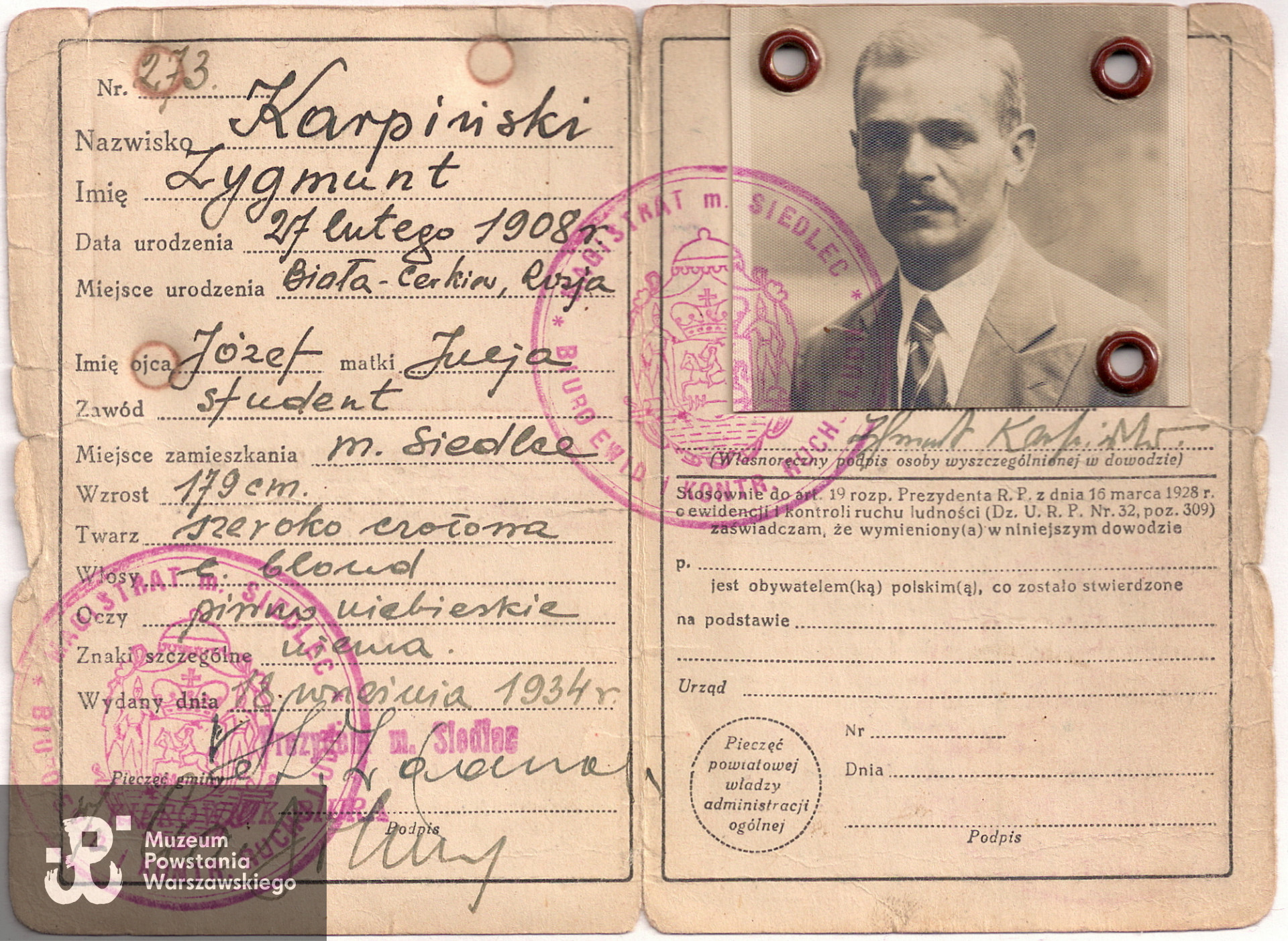 Dowód osobisty Zygmunta Karpińskiego. Dokument ze zbiorów rodzinnych, udostępnił Jacek Dehnel, wnuk Powstańca