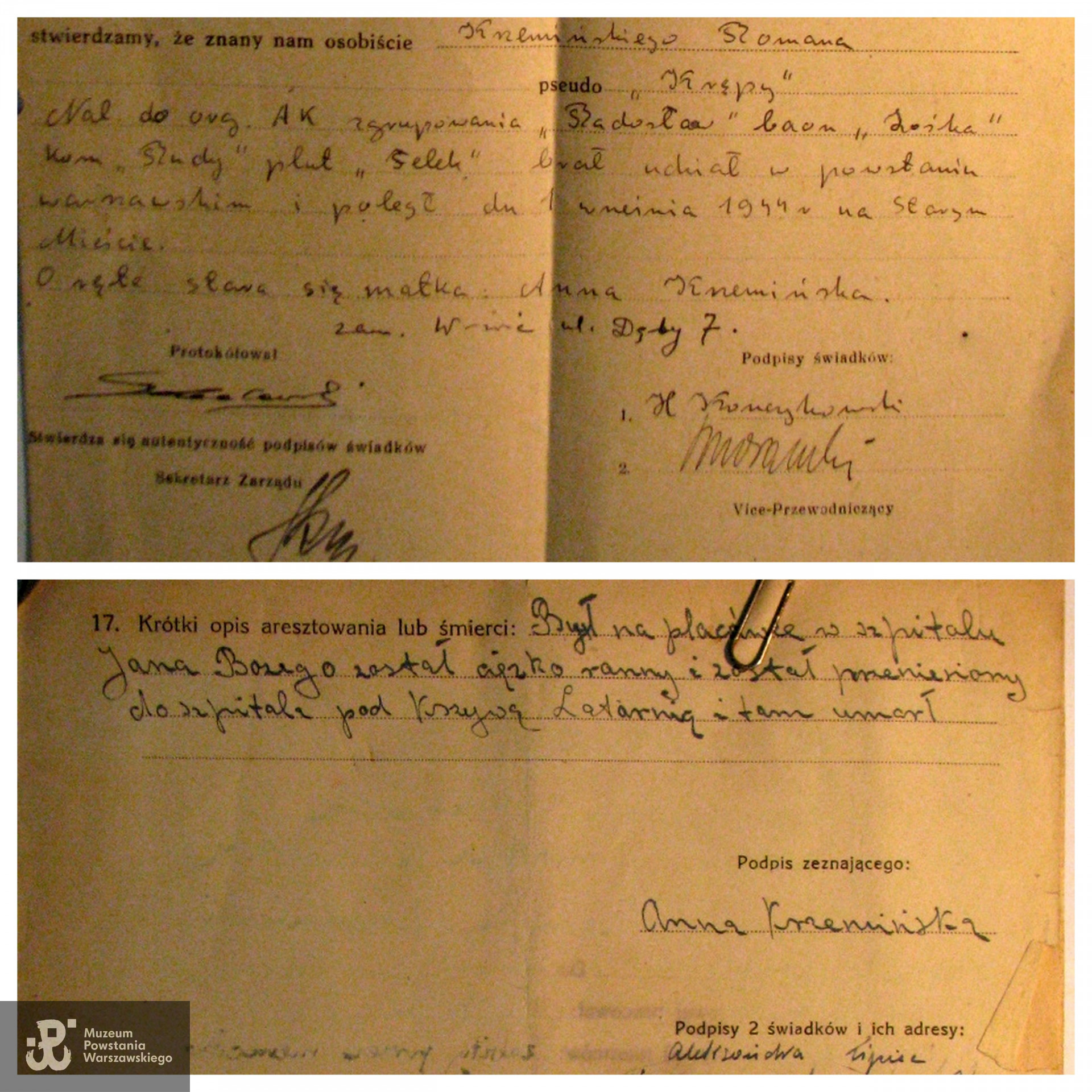 Fragmenty  dokumentacji ZBoWiD: oświadczenia kolegów z oddziału - Witolda Morawskiego ps. „Witold Czarny”  i Henryka Kończykowskiego  ps. „Halicz" oraz matki, Anny Krzemińskiej z d. Lipiec