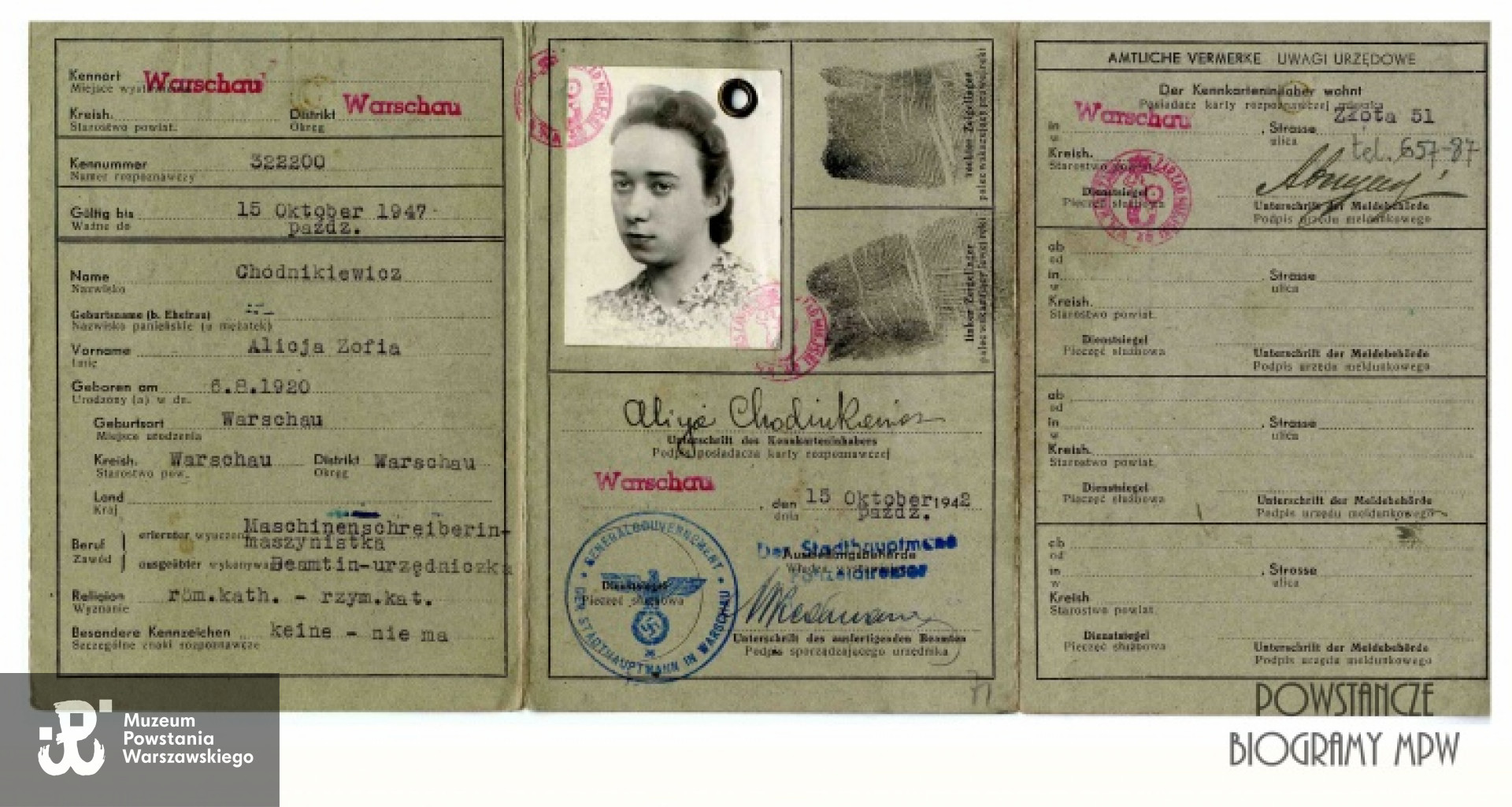 Należąca do Alicji Chodnikiewicz kenkarta z okresu wojny. Ze zbiorów Muzeum Powstania Warszawskiego, sygn. P/1162