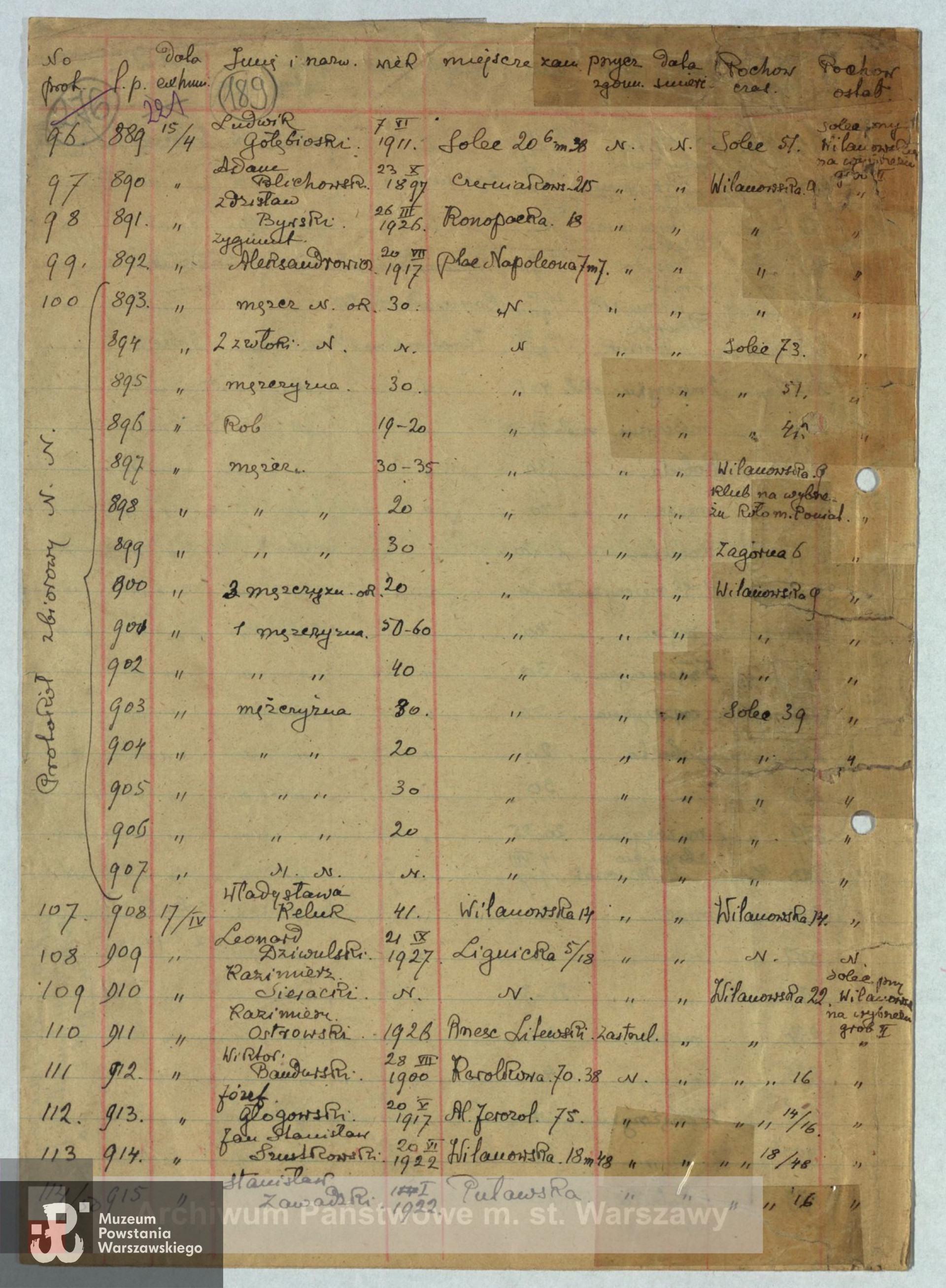 Archiwum Państwowe m. st. Warszawy - listy ekshumowanych