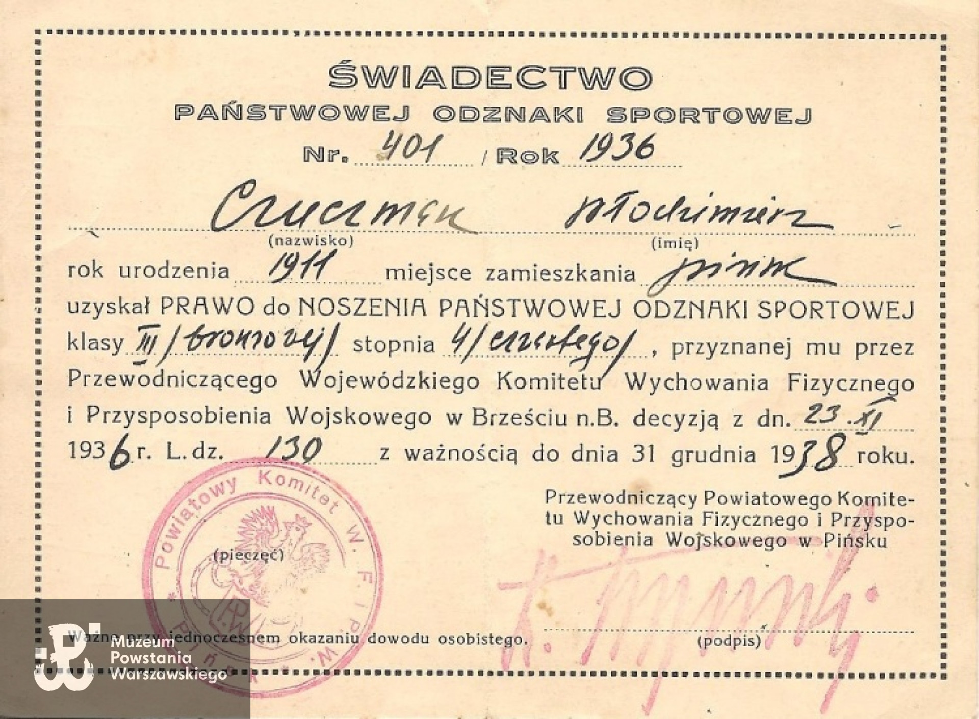 Świadectwo Państwowej Odznaki Sportowej Włodzimierza Czuczmana z 1936 r. Fot. archiwum rodzinne