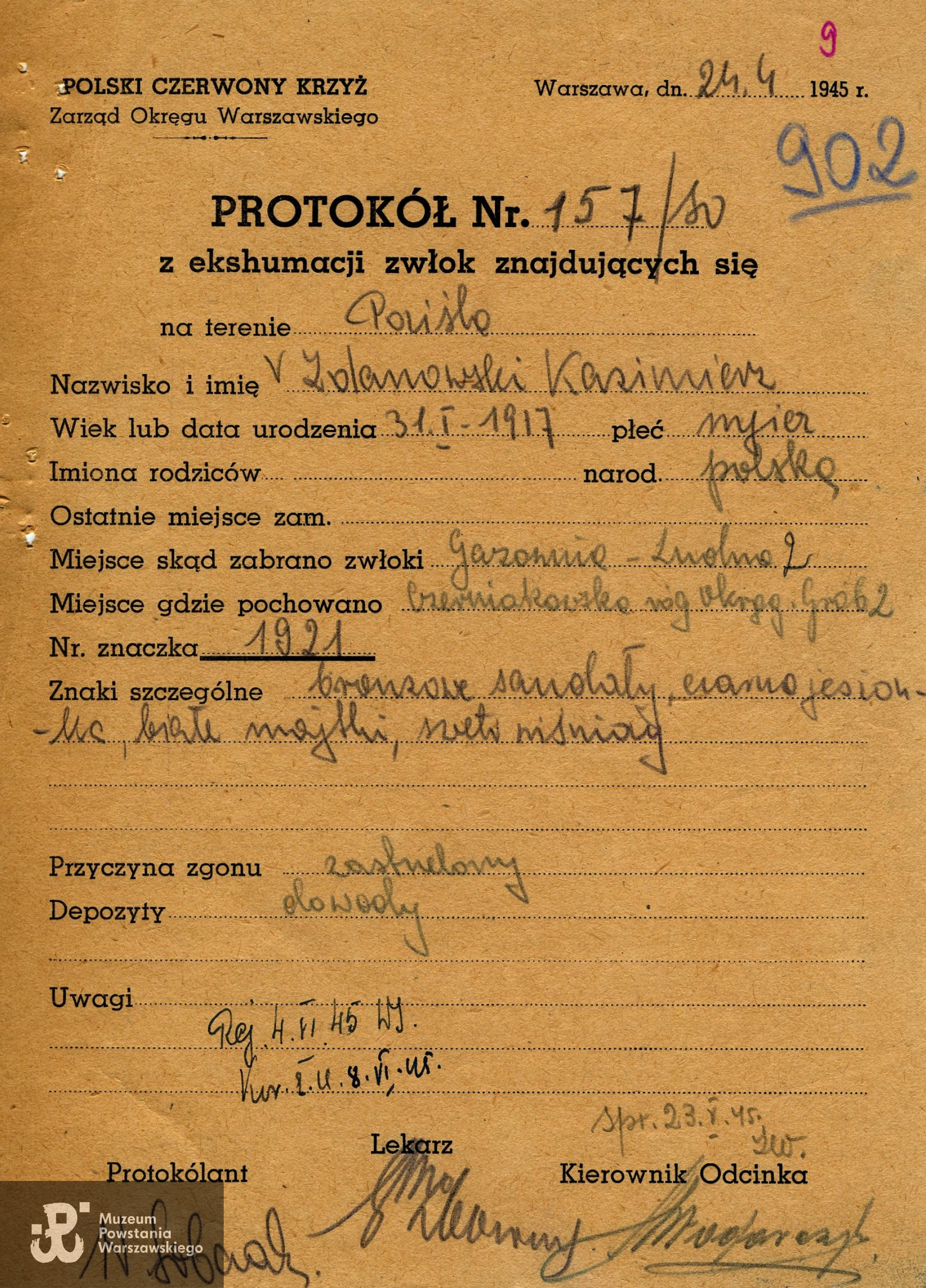 Protokół ekshumacyjny sporządzony w kwietniu 1945 roku w Warszawie przez Polski Czerwony Krzyż