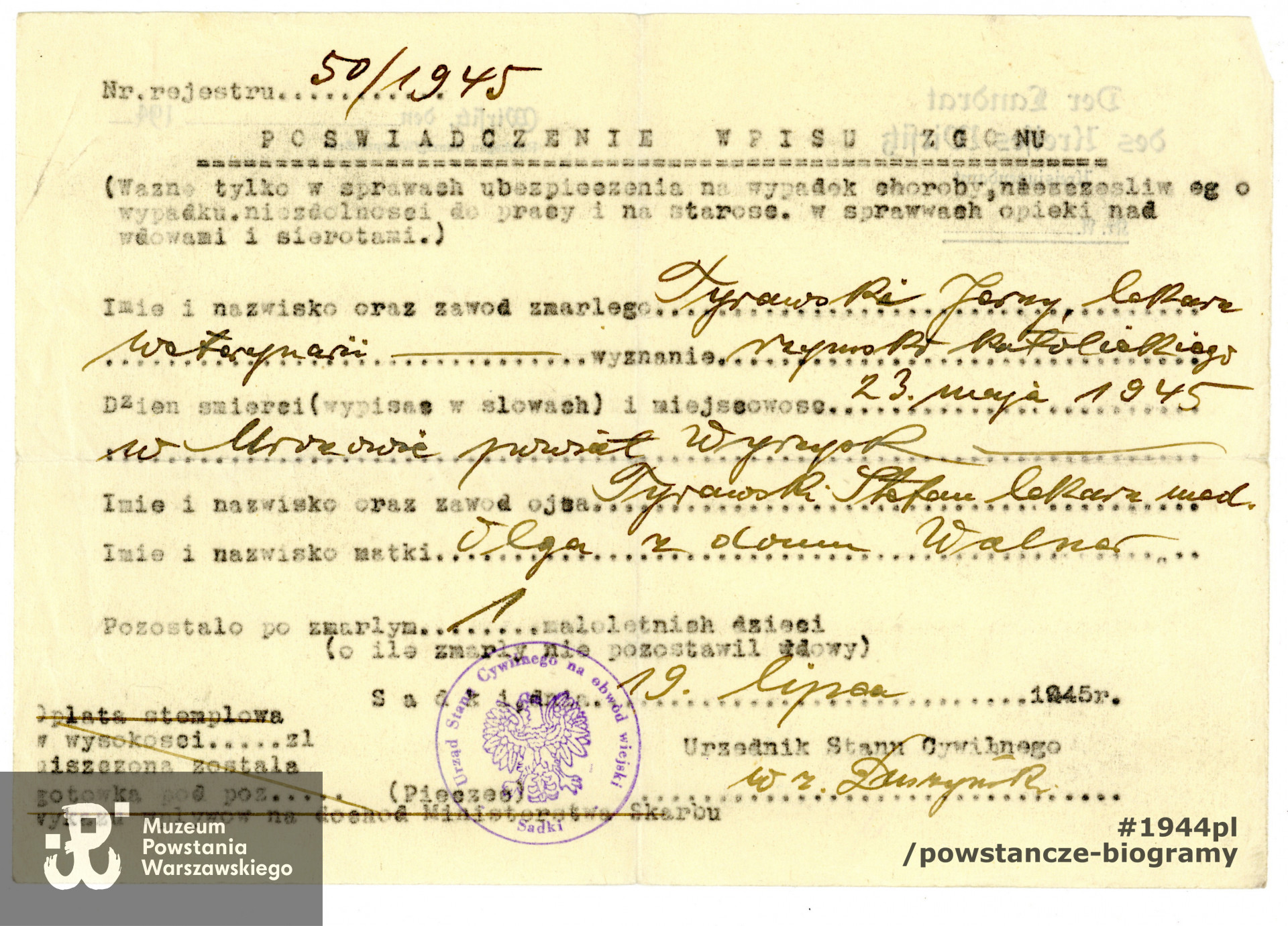 Dokument ze zbiorów rodzinnych p.  Ewy Kołaczkowskiej z domu Tyrawskiej, córki Jerzego Tyrawskiego