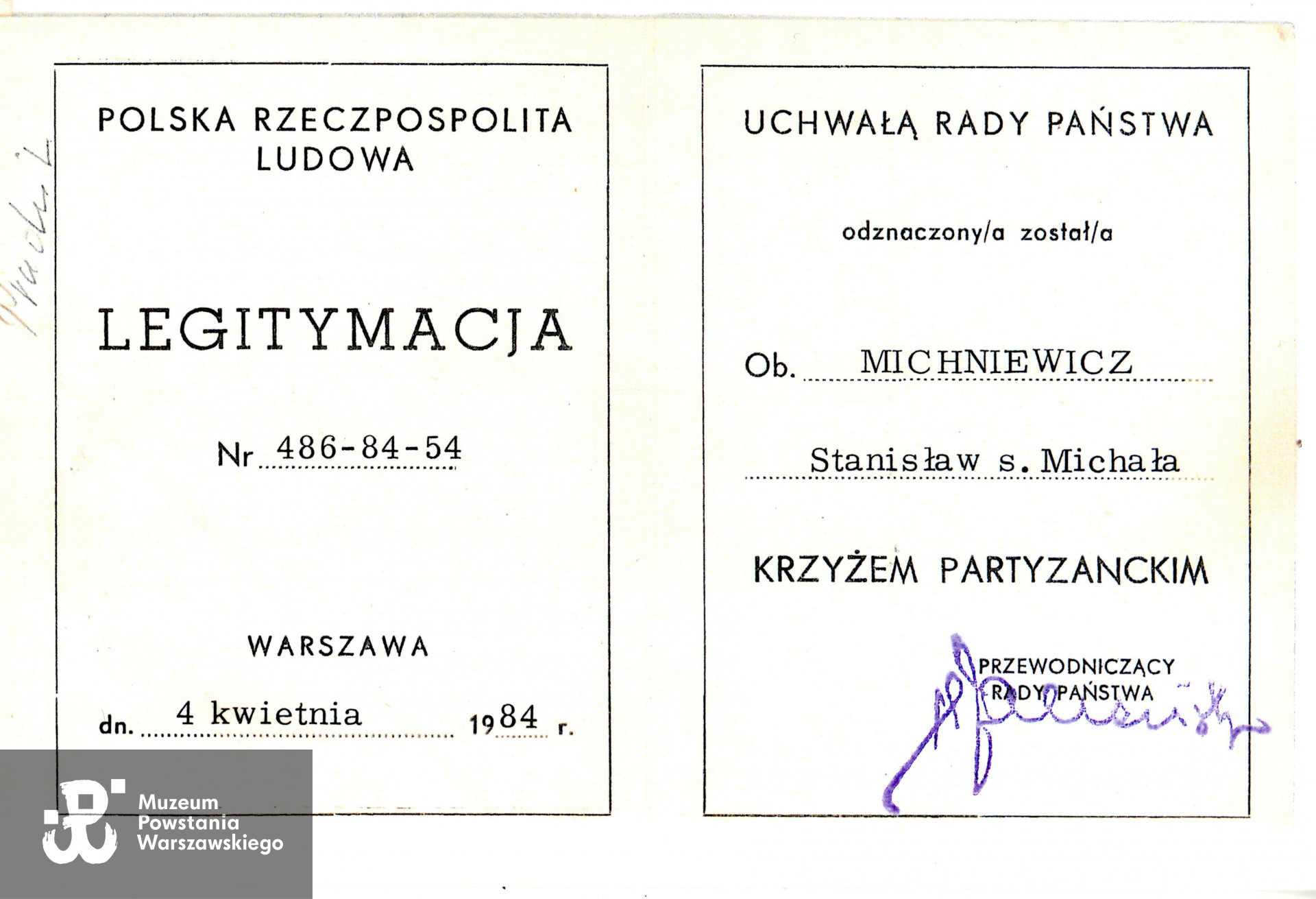 Muzeum Powstania Warszawskiego, Teczki personalne uczestników Powstania Warszawskiego: Michniewicz Stanisław Kazimierz ps. Żbik, skan z kserokopii przekazanej przez córkę Powstańca