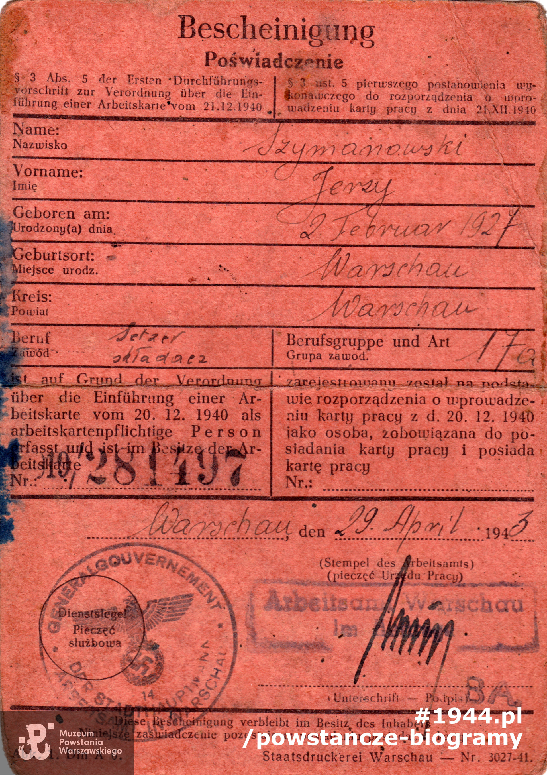 Bescheinigung (zaświadczenie) z okresu okupacji. Z archiwum rodzinnego Ireny Henderson 